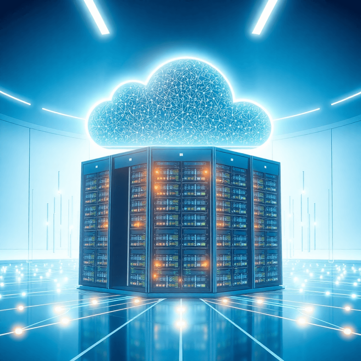 Futuristic data center with glowing digital clouds, interconnected nodes, and circuit patterns in blue and white tones symbolizing AI and scalable ...
