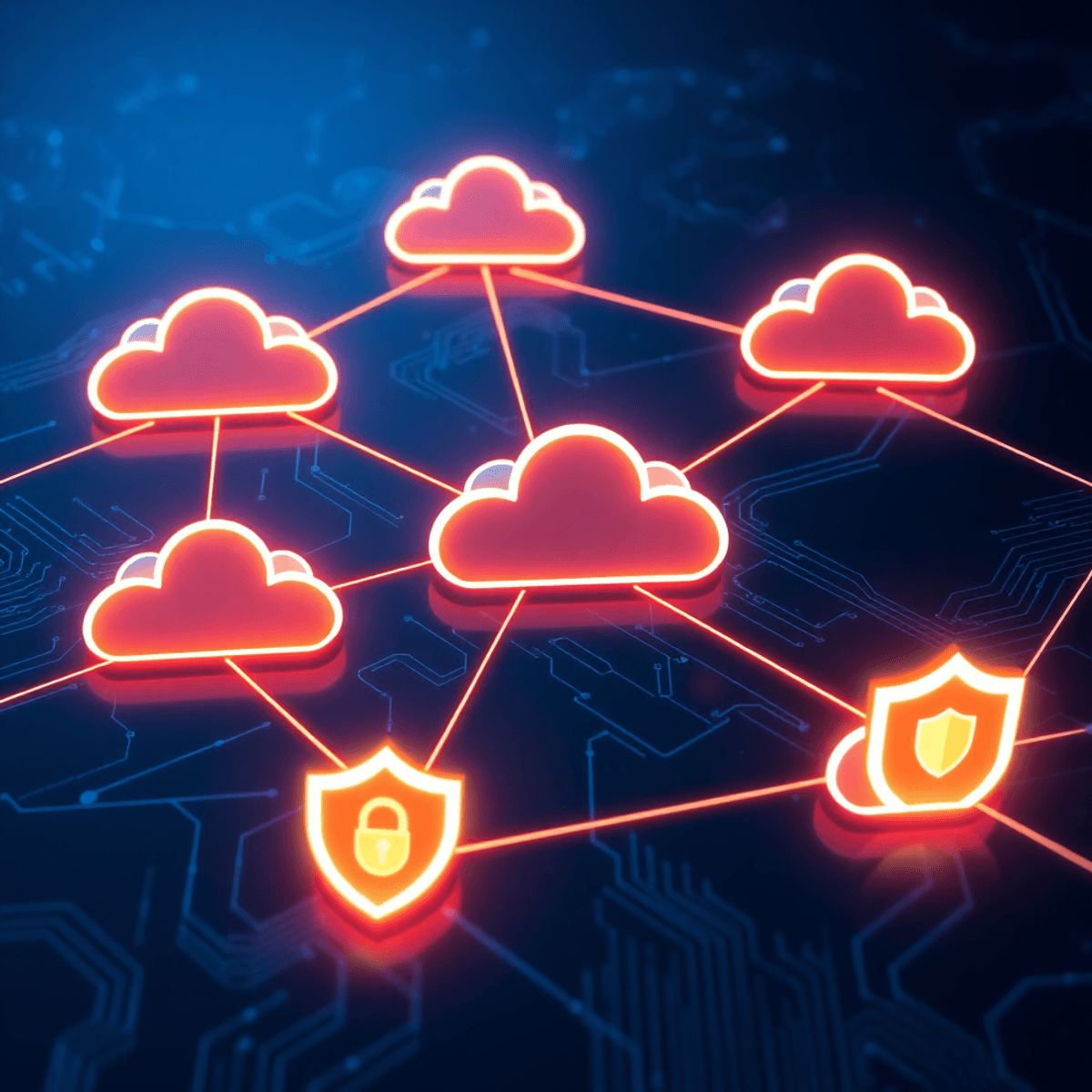 Futuristic digital landscape with interconnected cloud icons, glowing lines, and security shields on a dark blue circuit-patterned background.
