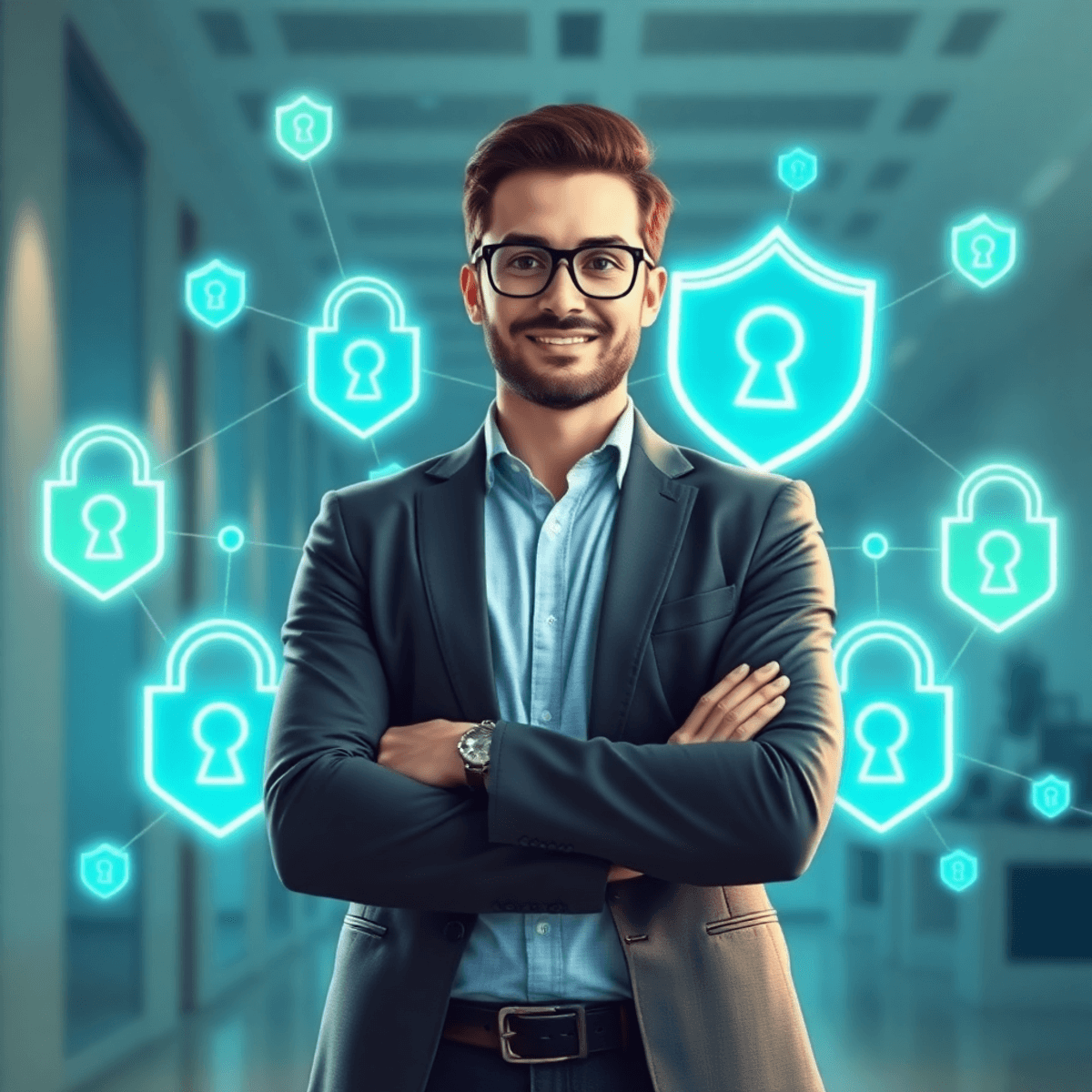 A confident business owner stands in a modern office with glowing shield icons and digital locks floating around, symbolizing cybersecurity and pro...