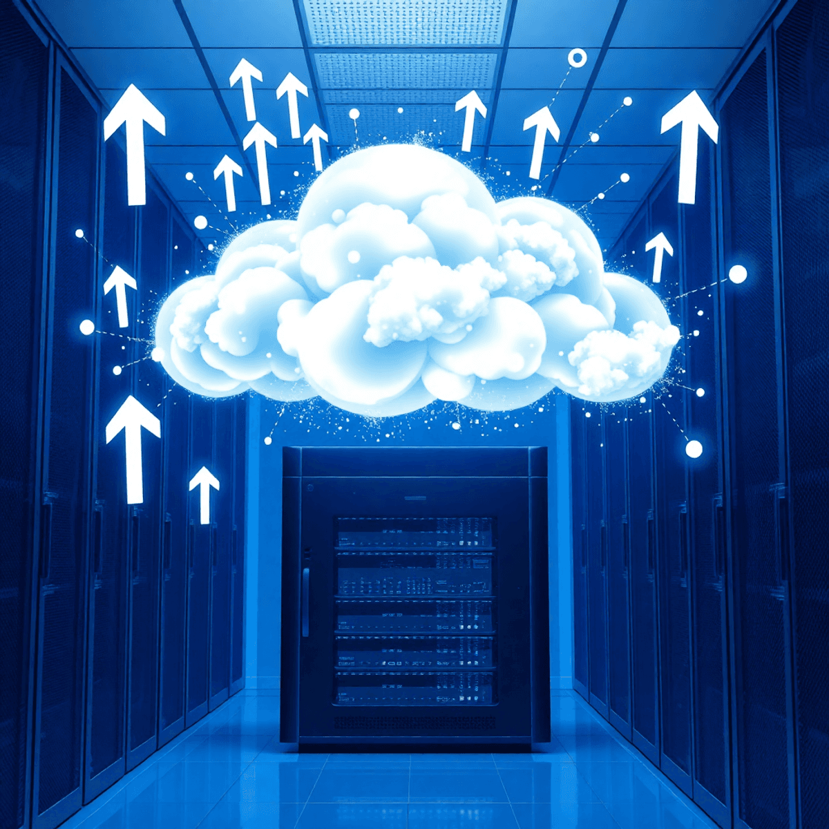 A glowing digital cloud floats above a sleek server rack in a modern data center, surrounded by abstract connectivity symbols in cool blue and white tones.
