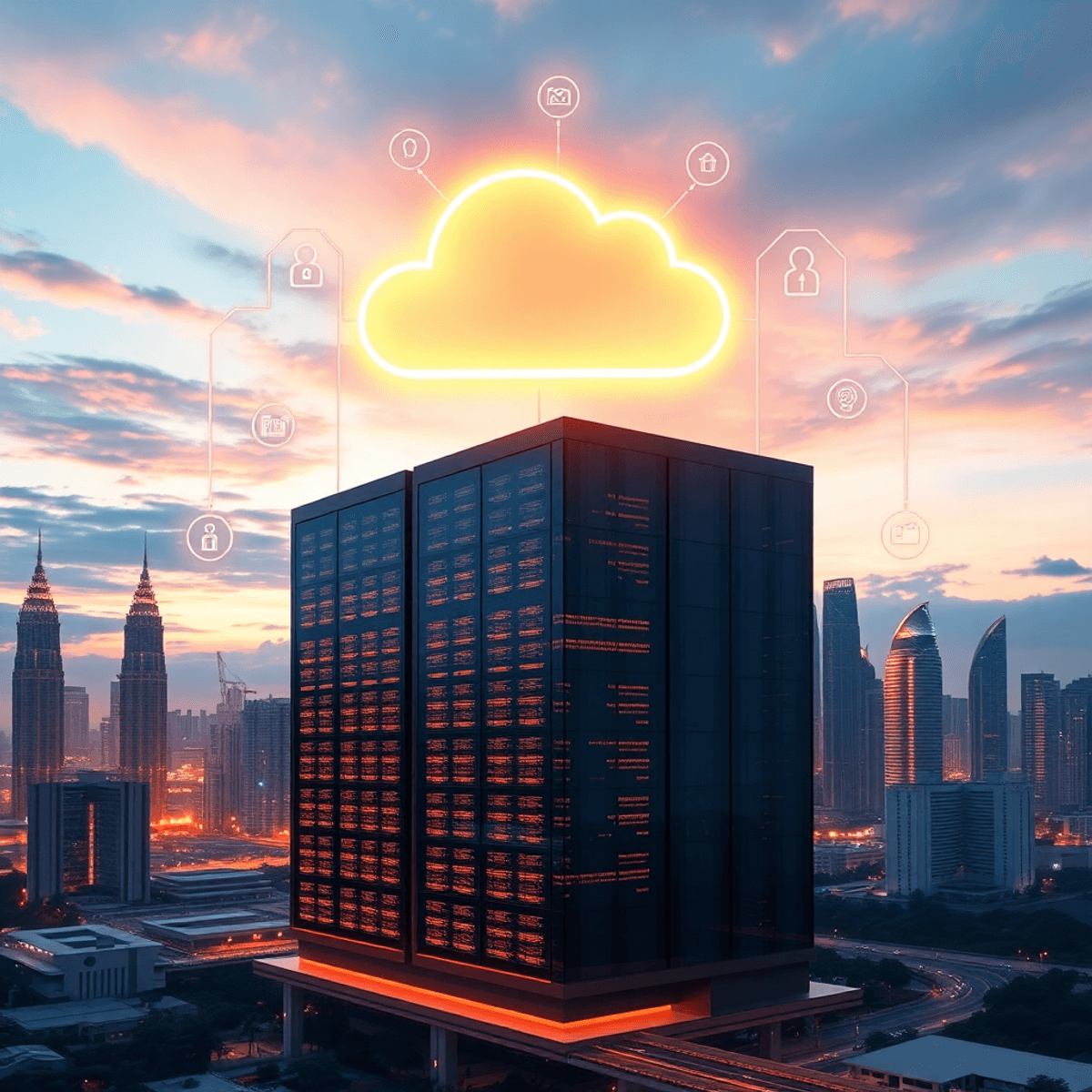 A modern data center with glowing cloud icons and security symbols, set against a Malaysian city skyline at dusk with warm, inviting colors.