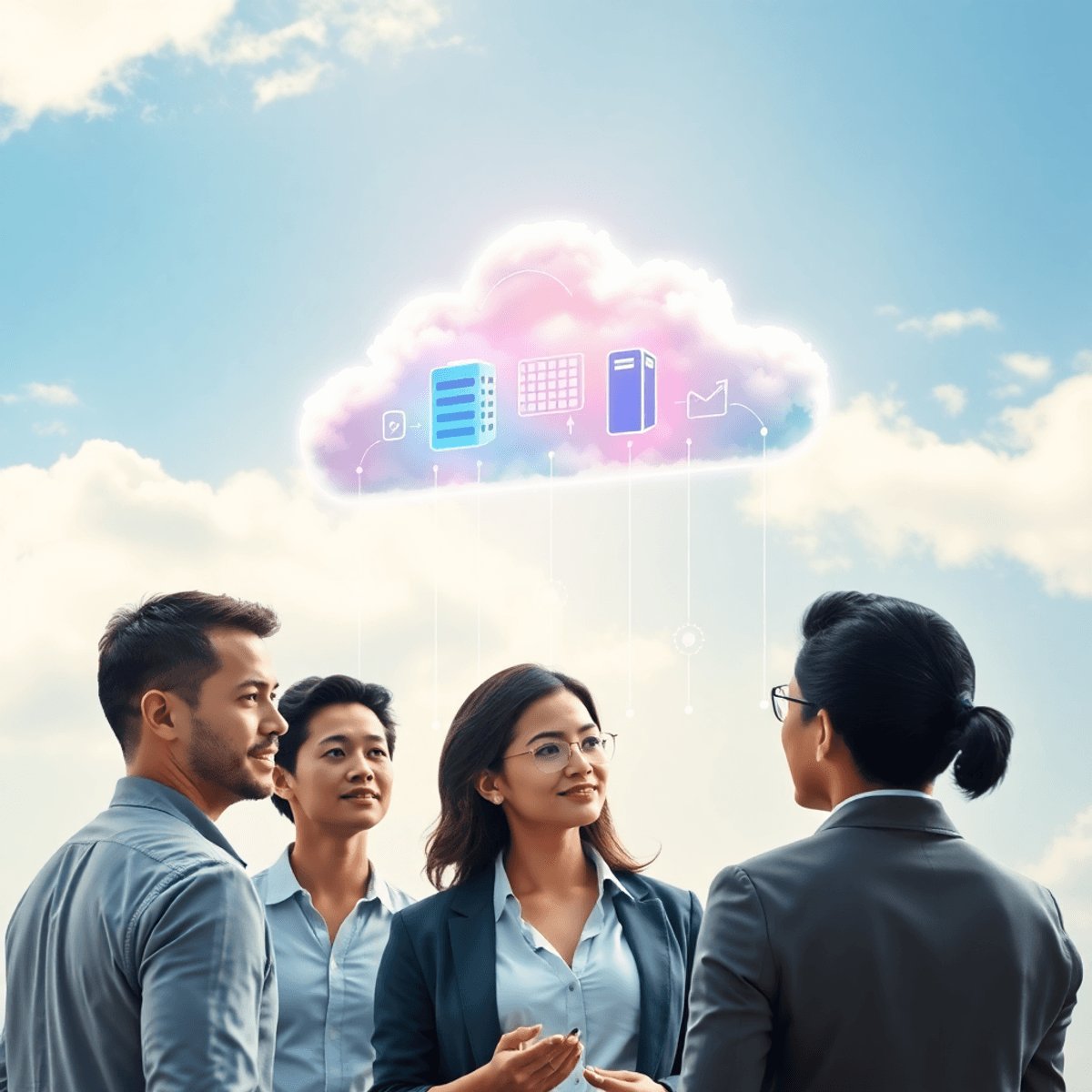A vibrant digital cloud above professionals discussing with holographic servers and data streams, set against a bright sky symbolizing innovation and connectivity.