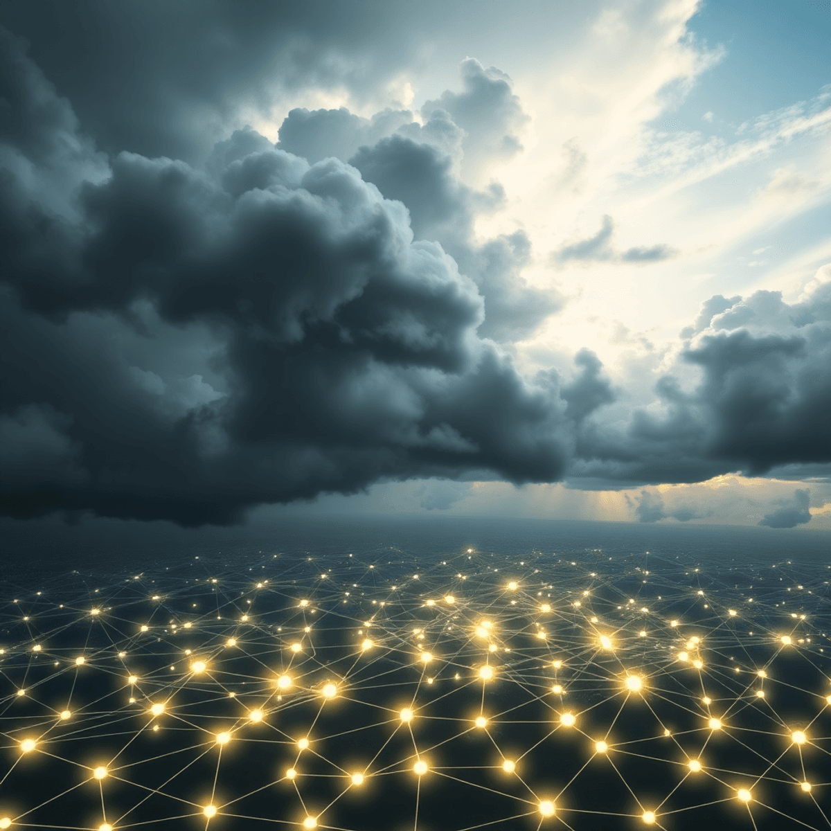Abstract scene of dark storm clouds clearing into bright skies over glowing interconnected nodes symbolizing resilient digital systems and seamless...