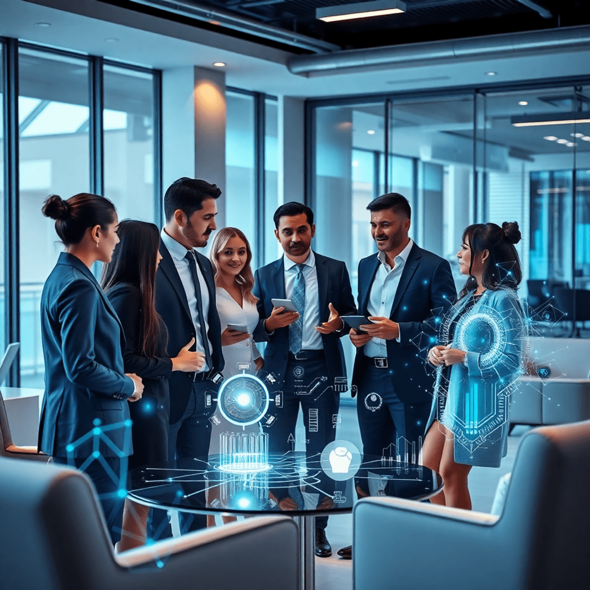 Business professionals collaborating around glowing holographic data displays in a bright, modern futuristic office with large windows and minimalist furniture.