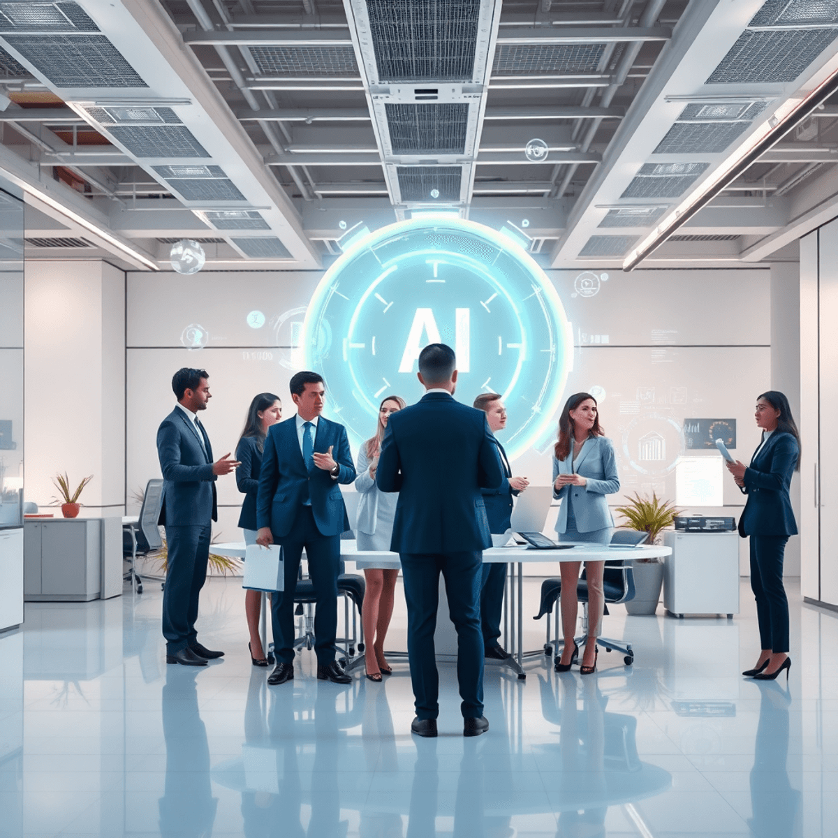Business professionals collaborating around glowing holograms and digital data in a bright, modern office with futuristic technology and a clean at...