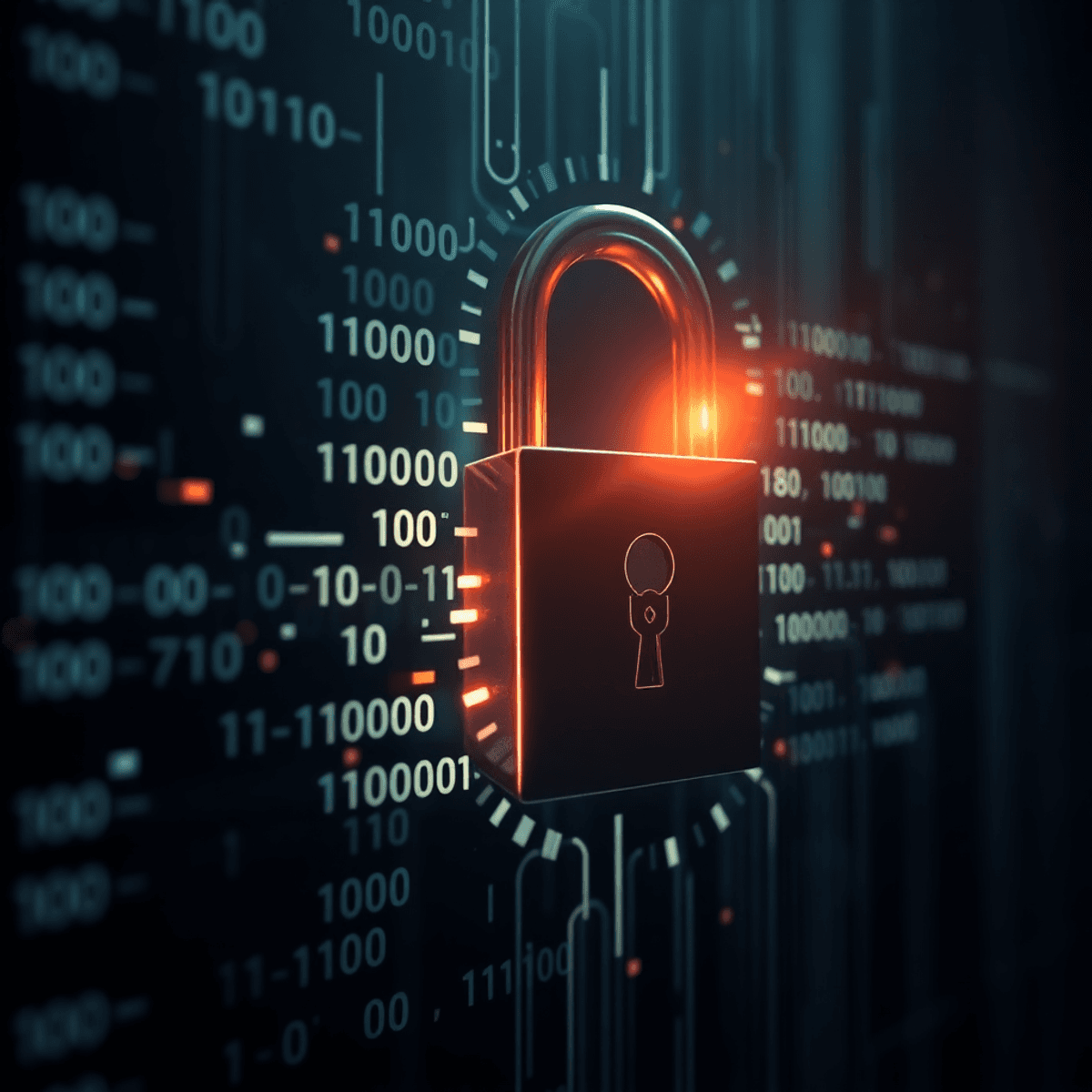 Close-up of a modern digital lock slightly open with glowing binary code flowing around it on a dark background with subtle light rays.