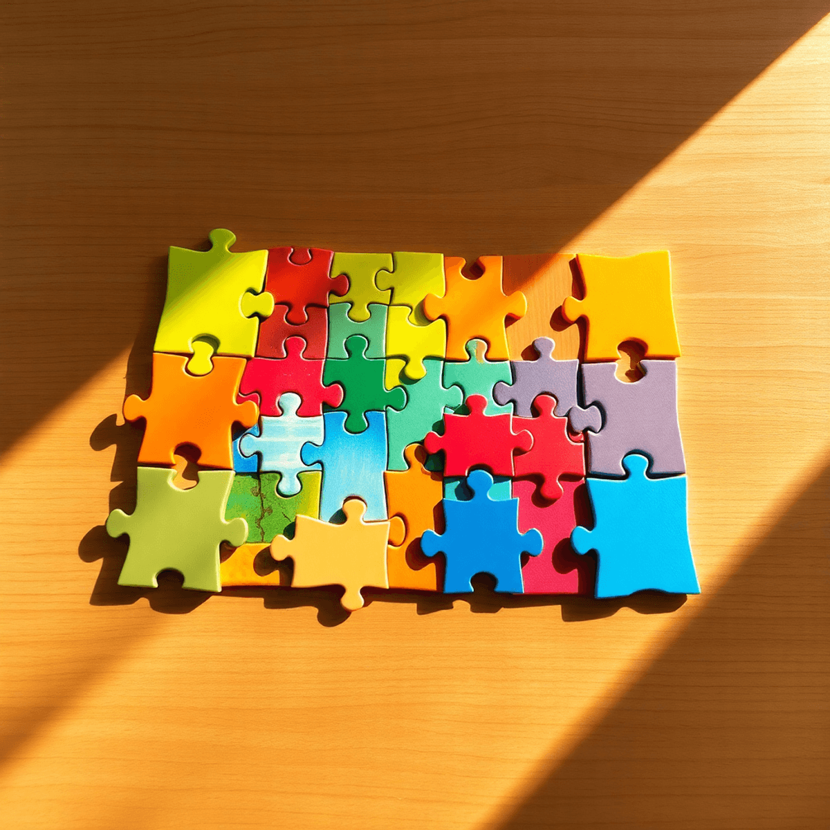 Colorful puzzle pieces coming together on a wooden table, illuminated by soft natural light, symbolizing unity and collaboration.