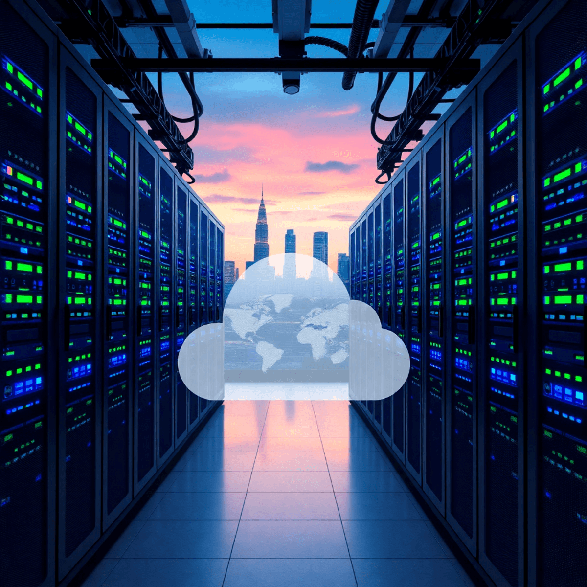 Rows of sleek server racks with blue and green lights in a modern data center, set against a Malaysian city skyline at dusk.