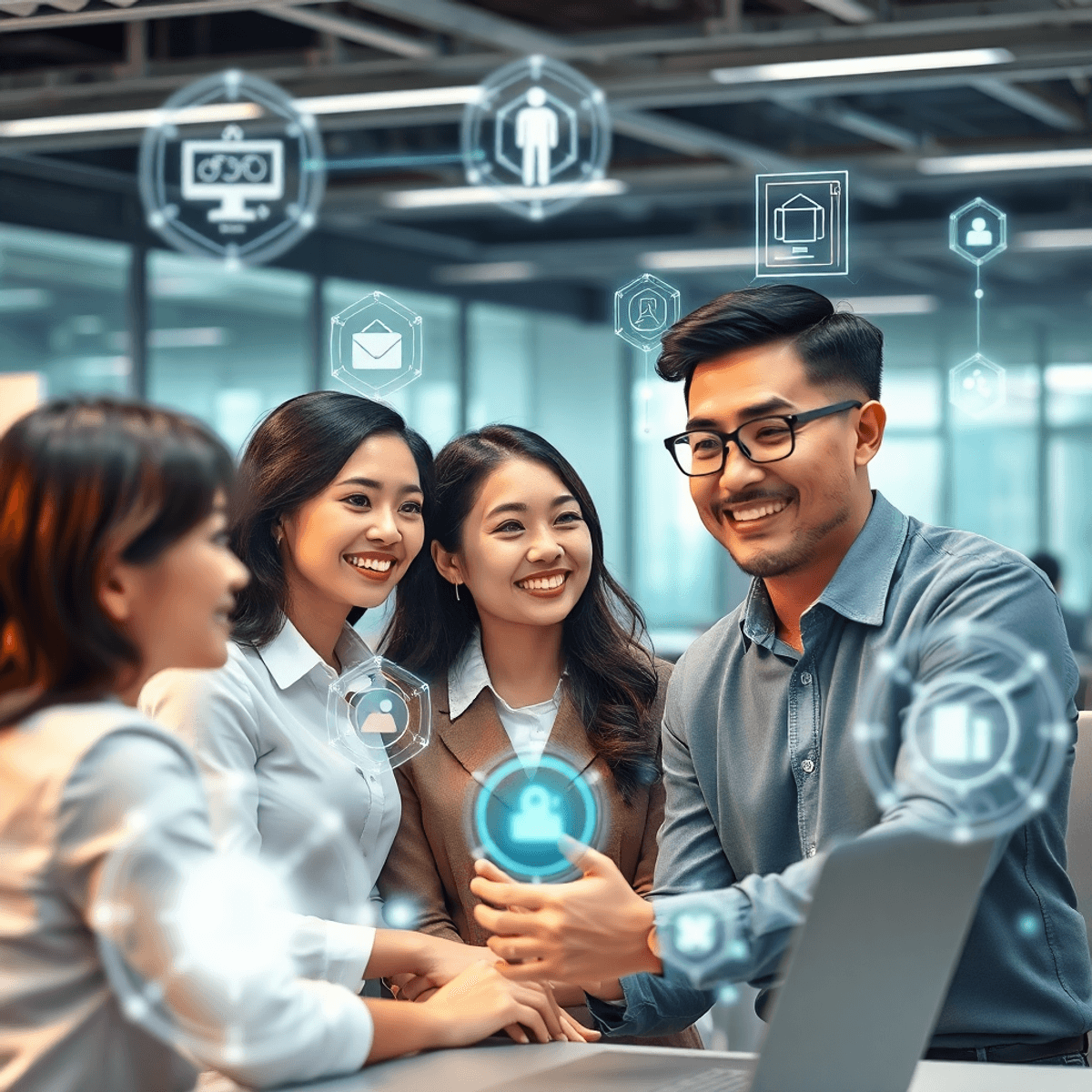 A futuristic office with professionals collaborating using holographic AI interfaces and glowing icons representing automation and planning in a br...