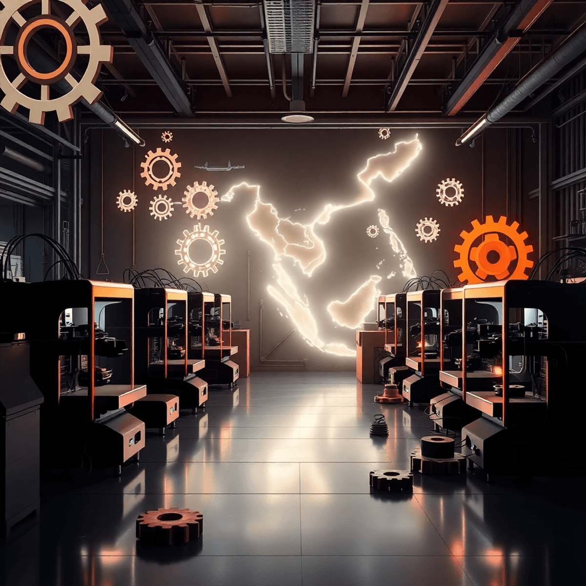 A futuristic workshop with sleek 3D printers making mechanical parts, glowing gears, and a softly lit Southeast Asia map in the background.
