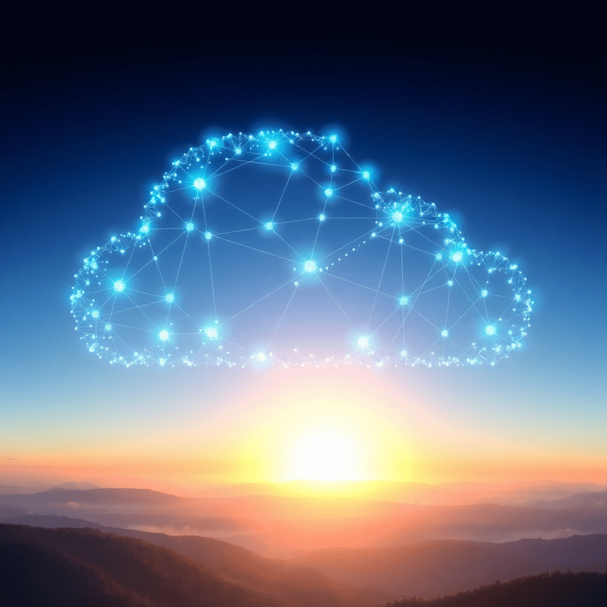 A glowing blue and white digital cloud of interconnected nodes floats above a serene landscape with a rising sun, symbolizing innovation and techno...