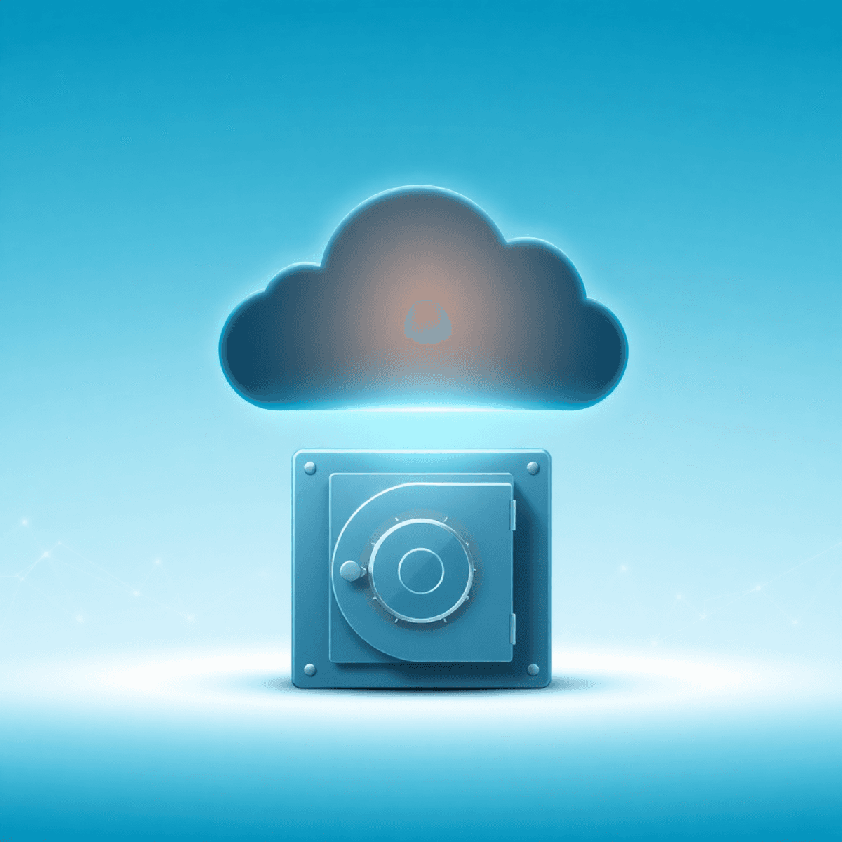 A glowing digital cloud icon above a secure vault, set against a blue gradient background with abstract network lines.