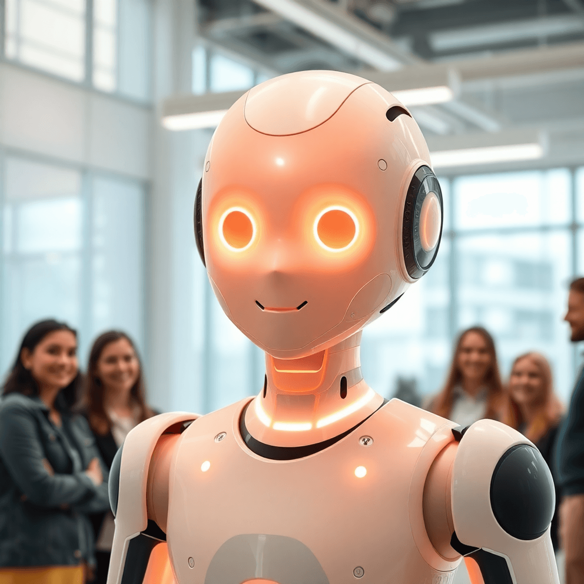 A glowing humanoid robot with friendly features engaging warmly with people in a bright, modern office, symbolizing advanced AI blending with human qualities.
