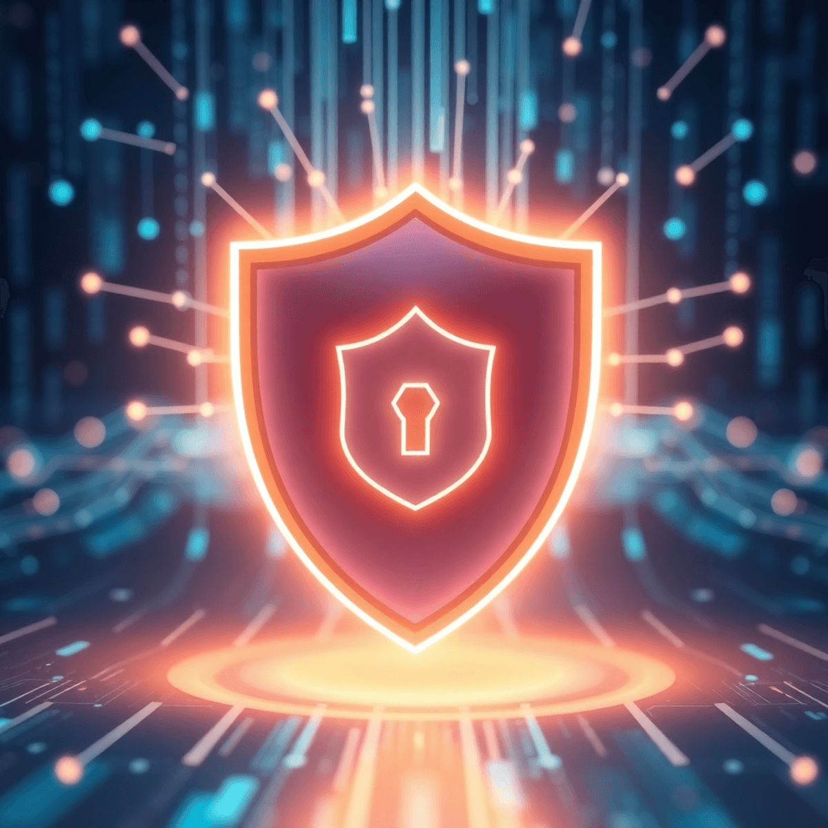 A glowing shield surrounded by flowing blue digital data streams, symbolizing security and trust in technology, rendered in a realistic style.