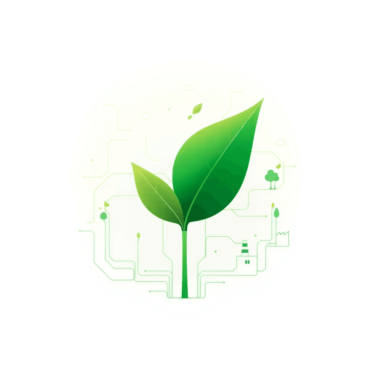 A green leaf merged with digital circuit lines on a light background, featuring faint factory and tree icons symbolizing technology and sustainabil...