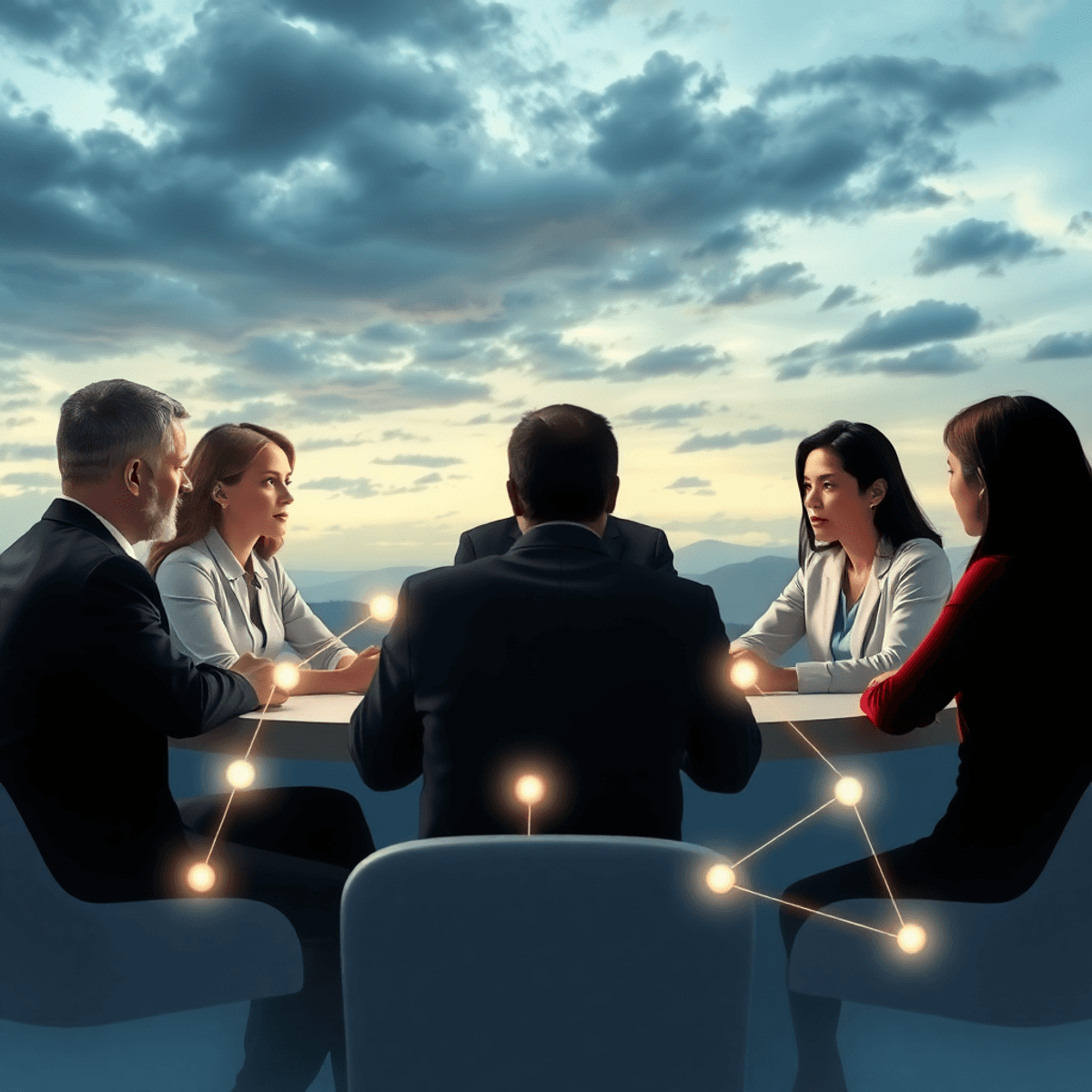 A group of people in serious discussion around a round table with glowing lines connecting them, set against a sky shifting from stormy to clear.