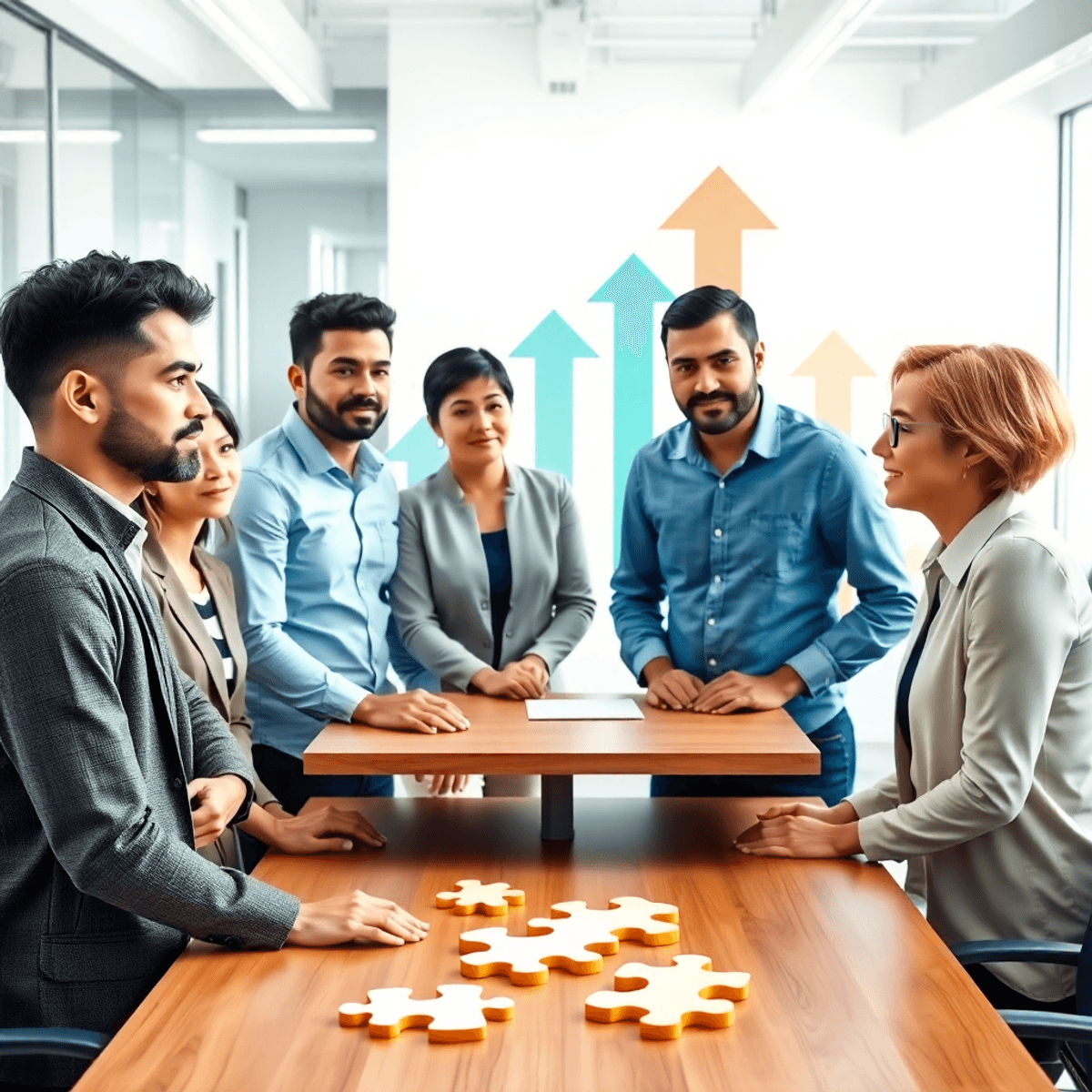 A group of small business owners in a modern office, discussing around a table with puzzle pieces and upward arrows symbolizing growth and collaboration.