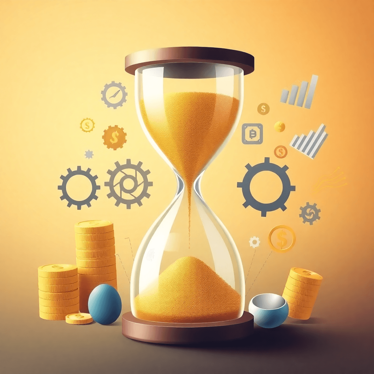 A large hourglass with golden sand flowing, surrounded by abstract money, gears, and charts against a soft gradient background symbolizing urgency ...