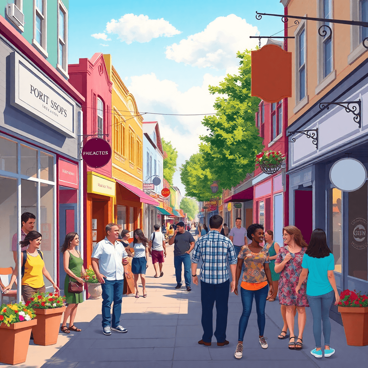 A lively small-town street with colorful shops, happy people interacting, warm sunlight, flower pots, and hanging signs in a realistic style.