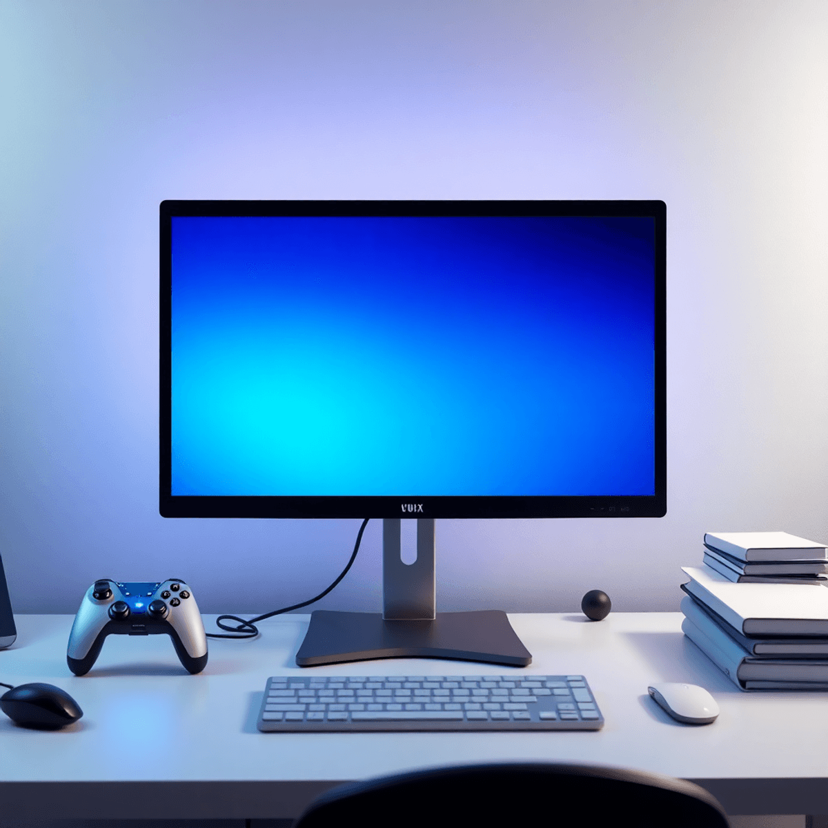A sleek modern monitor on a minimalist desk with glowing game controller, office supplies, and soft ambient lighting creating an inviting tech work...