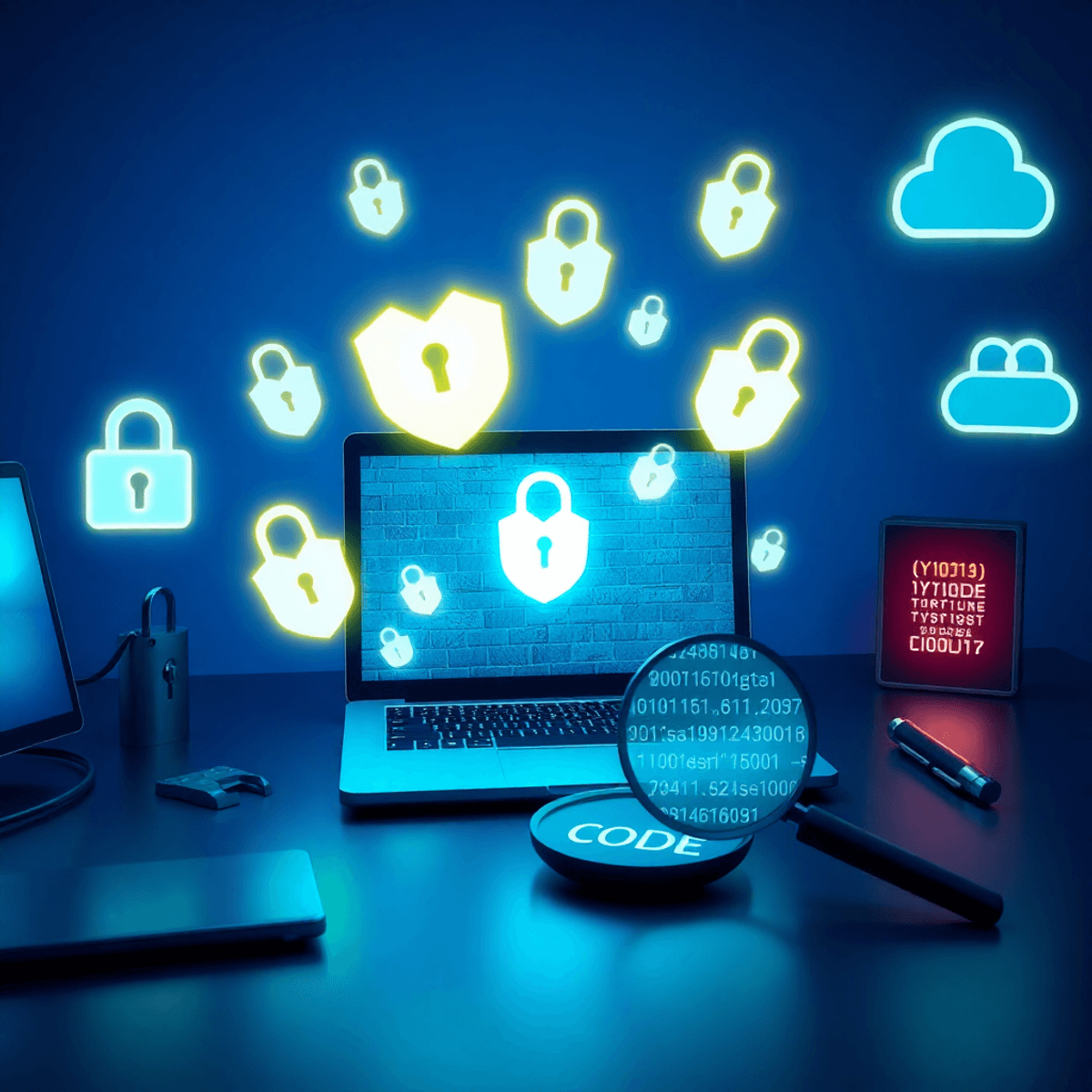 A sleek workspace with a laptop showing glowing shield icons and digital locks, surrounded by cybersecurity symbols like a key, firewall, secure cl...