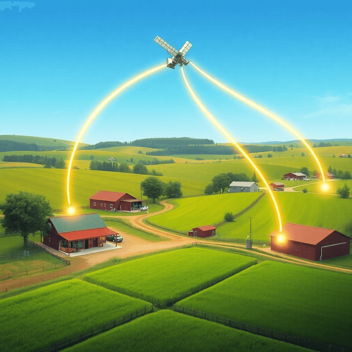 A vibrant rural scene with green fields, small businesses, and glowing lines connecting to a satellite in a clear sky, symbolizing satellite intern...