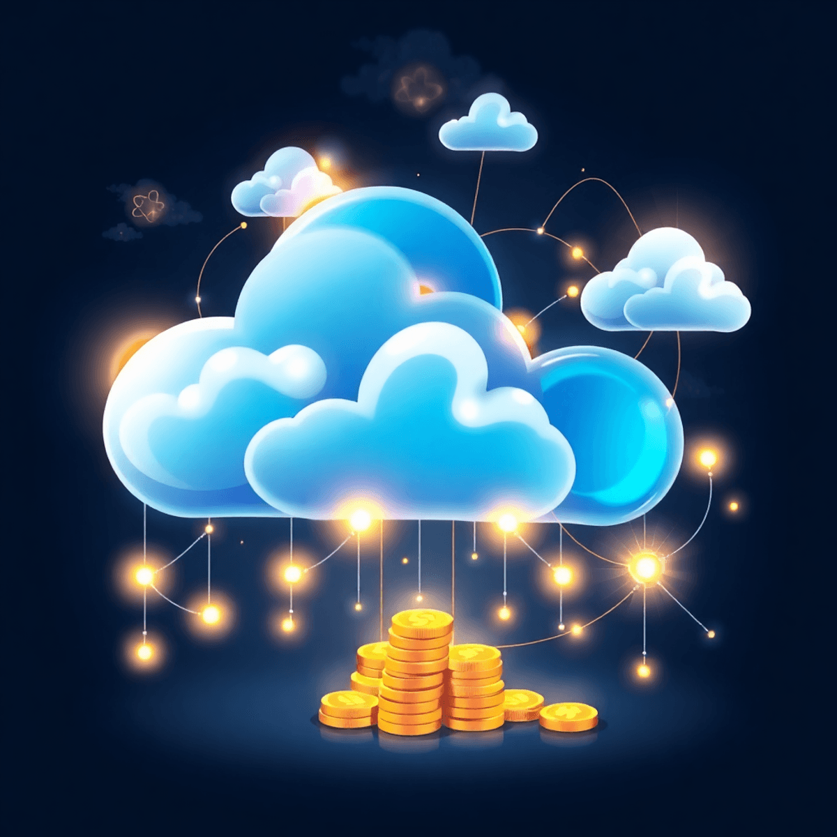 Abstract cloud shapes connected by glowing lines and nodes with golden coins falling, symbolizing cloud computing, cost savings, and optimized reso...