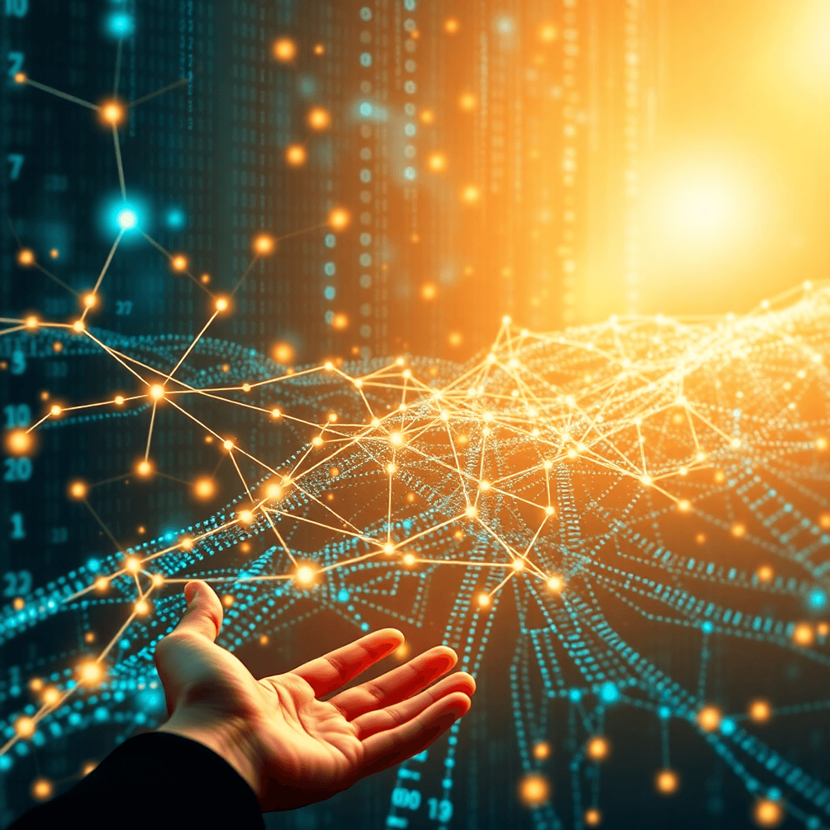 Abstract digital landscape with glowing data nodes and flowing binary streams blending into warm human silhouettes reaching out, symbolizing data a...