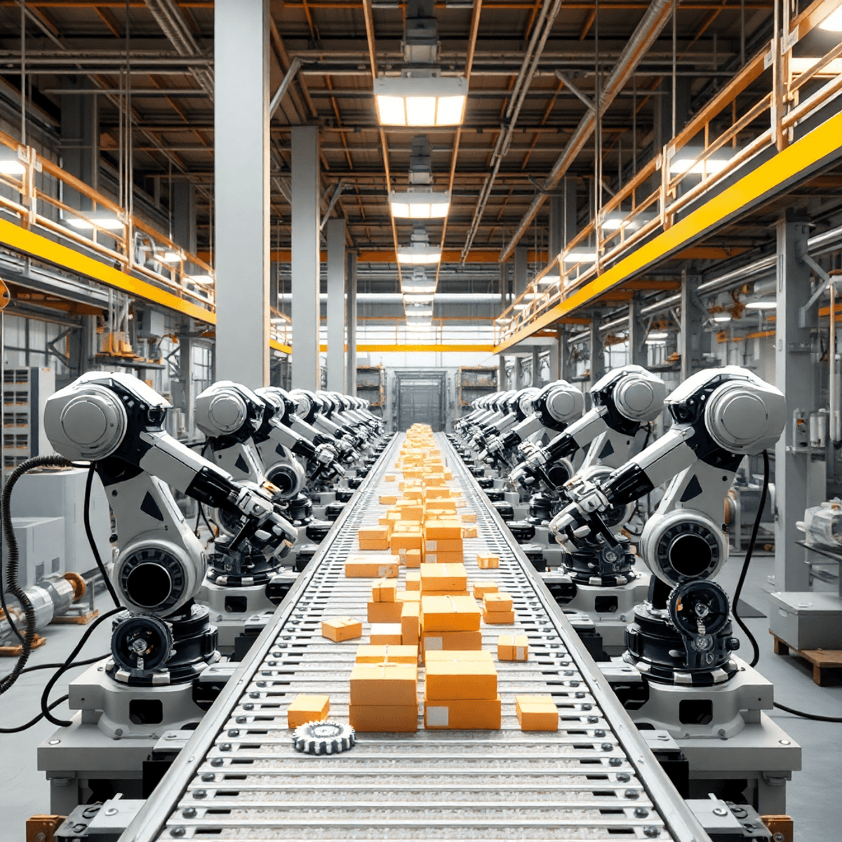 Bright modern factory interior with robotic arms assembling products on a conveyor belt, surrounded by gears and warm industrial lighting.