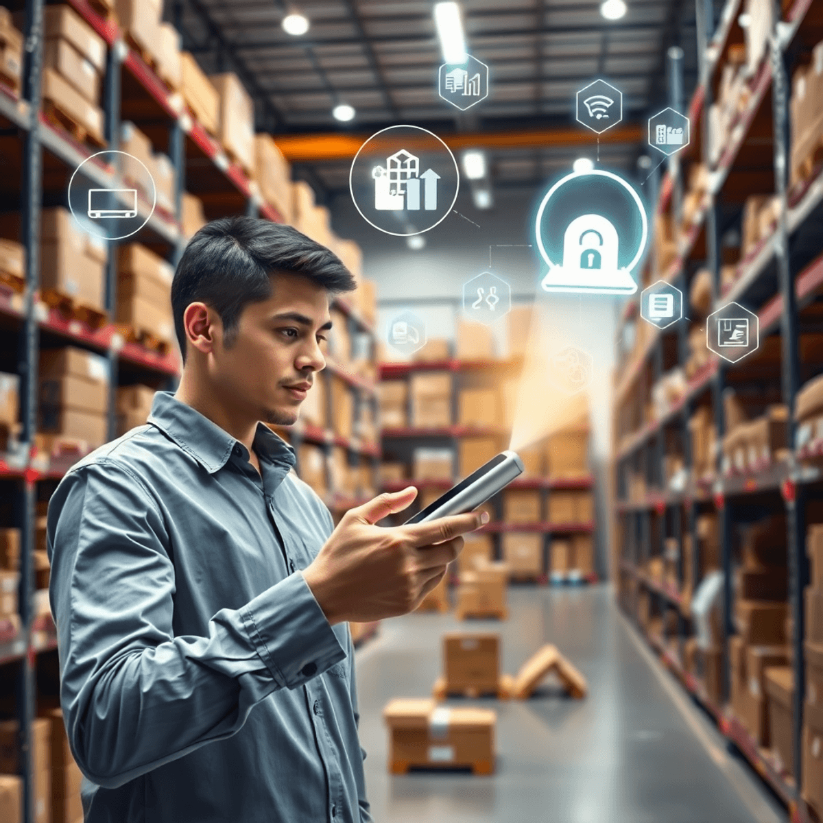 Bright warehouse with organized shelves, a person holding a glowing handheld scanner, and floating digital icons representing inventory and data flow.