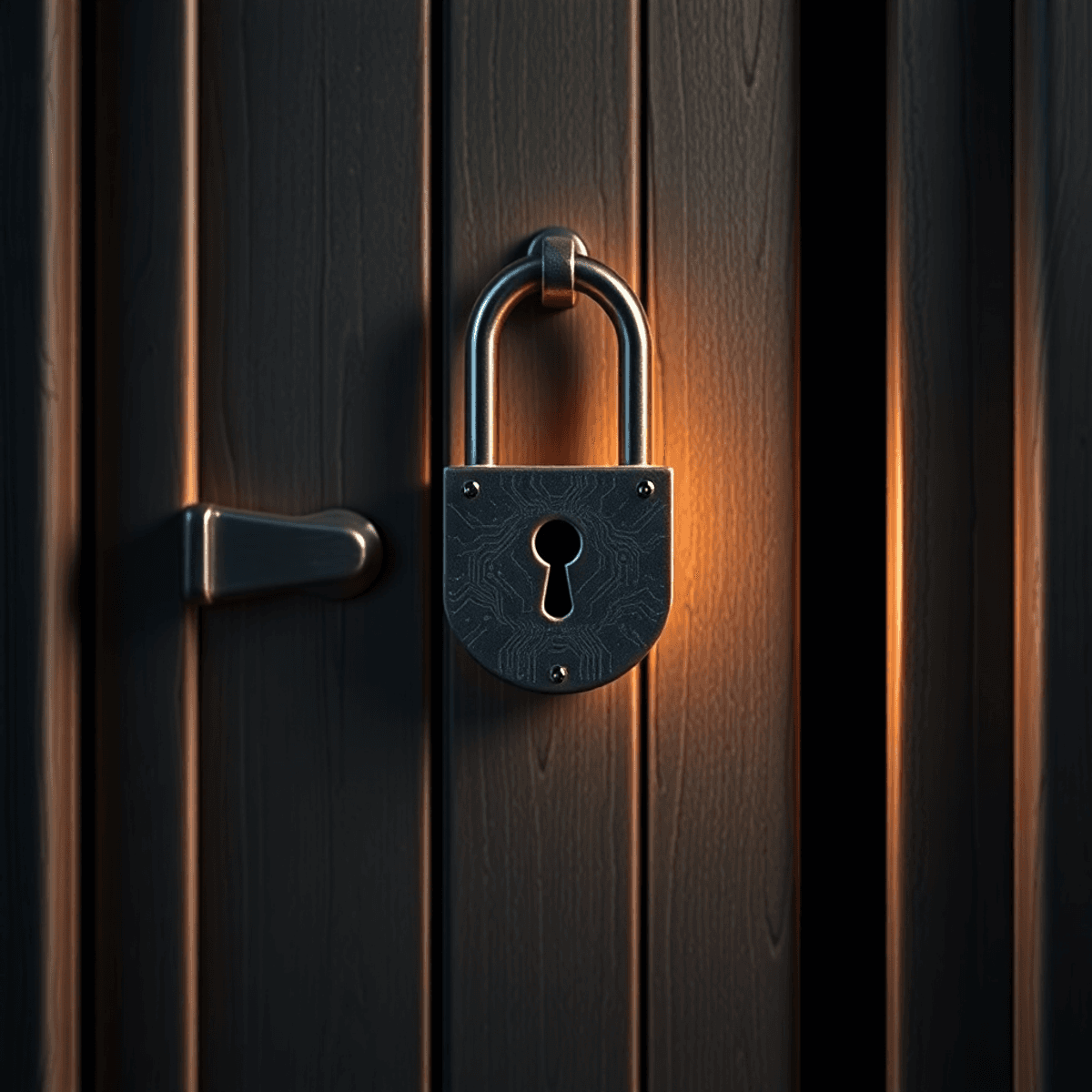 Close-up of an old-fashioned door with a glowing intricate lock and faint digital circuit patterns, symbolizing security and cybersecurity.
