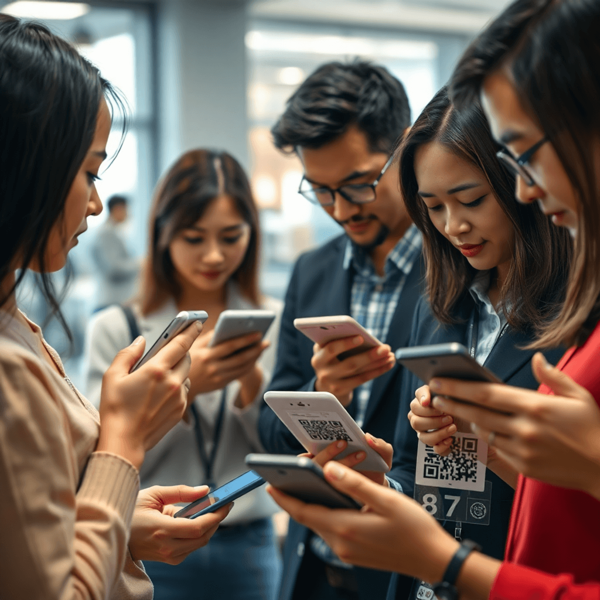 Close-up of employees in a modern café scanning QR codes on payment stands and invoices with smartphones, highlighting caution against QR code phis...