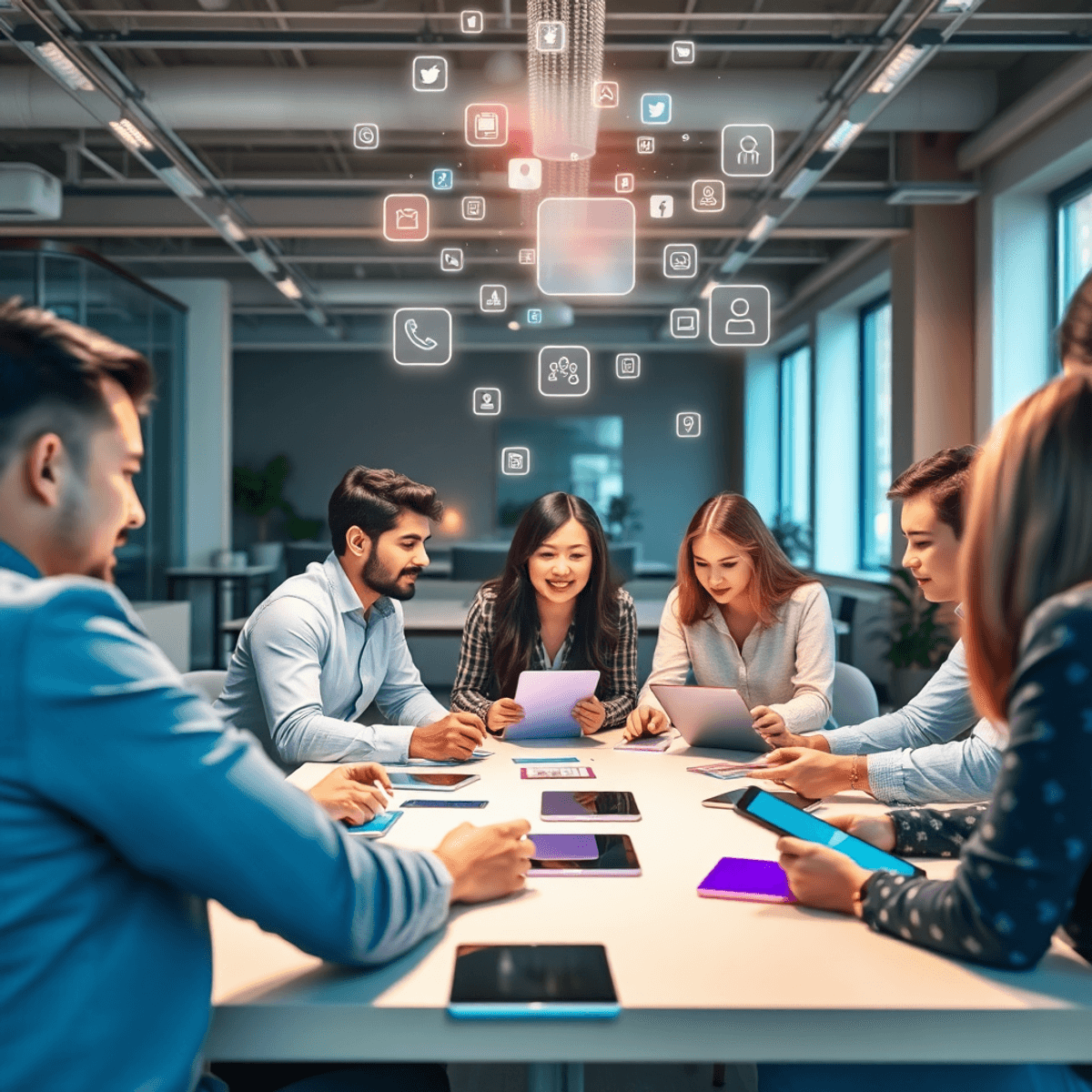 Entrepreneurs collaborating around a table with digital tablets and floating holographic app icons in a bright, modern workspace.
