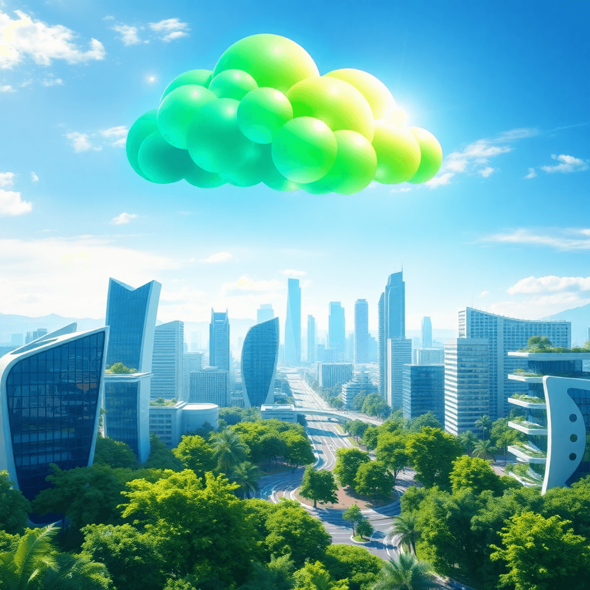 Futuristic city with eco-friendly buildings and lush greenery under a bright sky, featuring glowing digital cloud shapes symbolizing technology and...