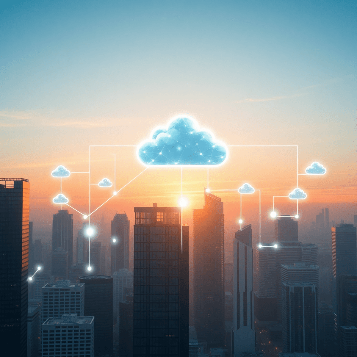 Futuristic city with glowing cloud icons above sleek buildings, connected by illuminated digital lines under a bright sunrise sky.