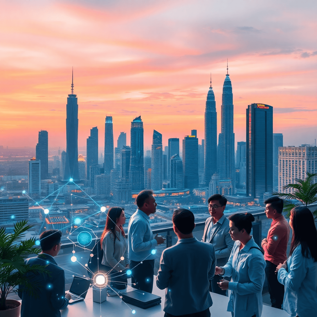 Futuristic cityscape at dusk with glowing circuits; professionals collaborate in a modern workspace with holographic data visuals, symbolizing tech...