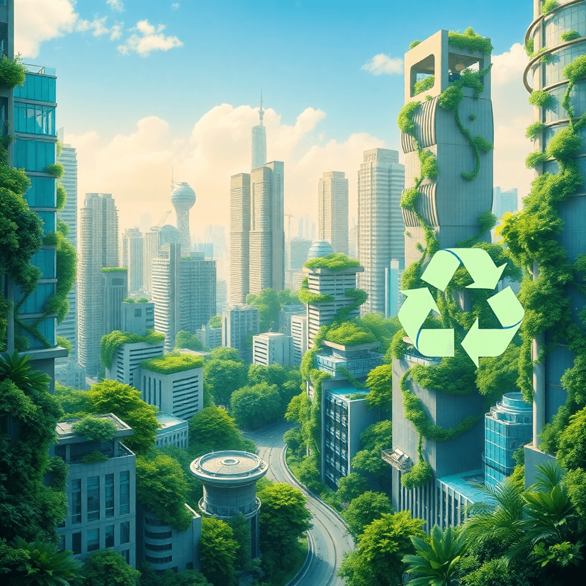Futuristic cityscape with modern buildings, lush greenery, and subtle technology elements like gears and recycling symbols, representing sustainabl...