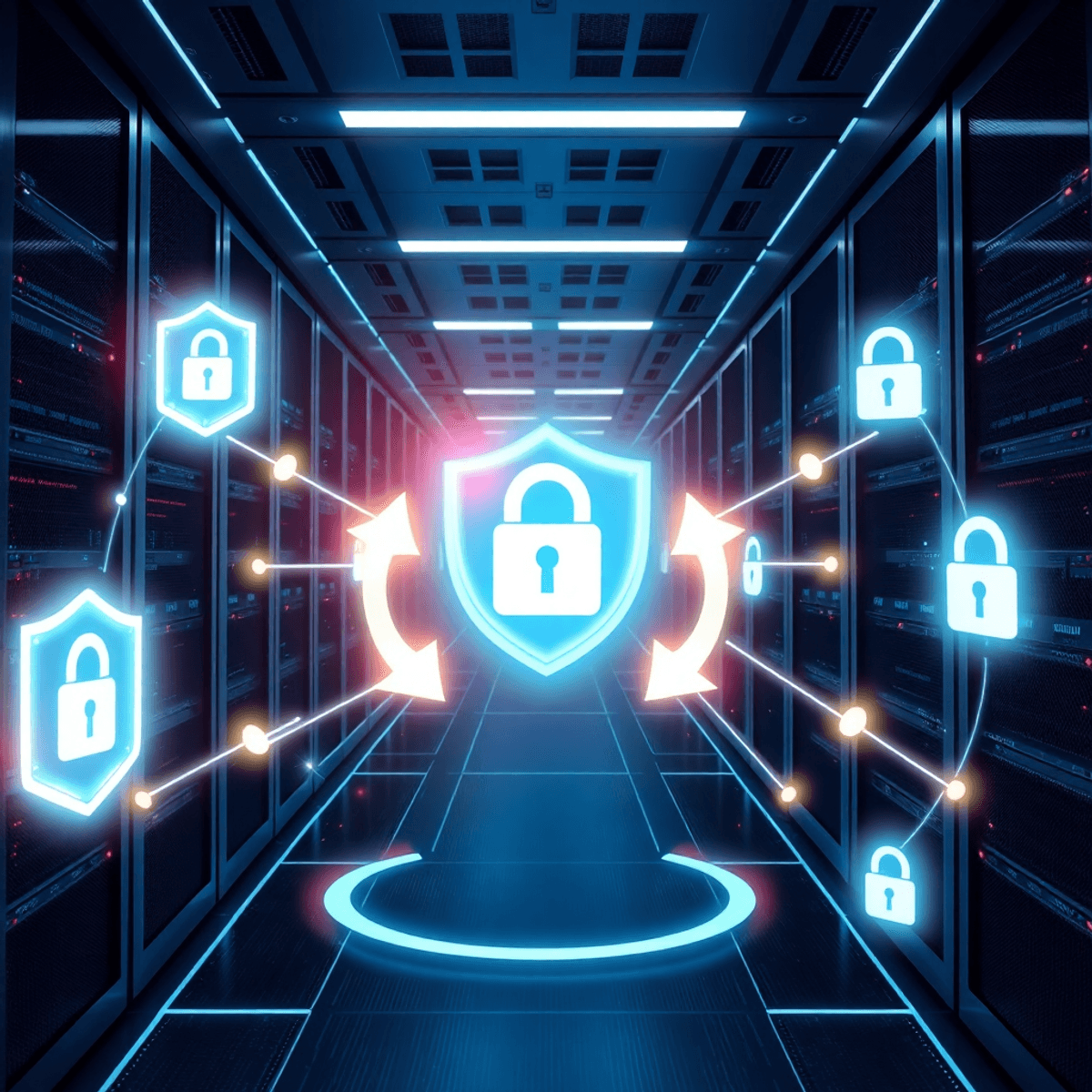 Futuristic data center with glowing digital shields, interconnected servers, protective light barriers, and icons of resilience like arrows and sec...