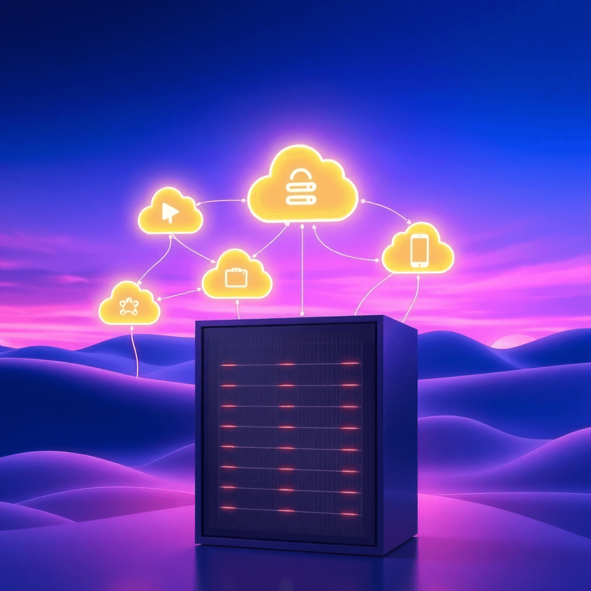 Futuristic digital landscape with glowing cloud icons connected by flowing lines above a sleek server rack, set against a vibrant blue and purple g...