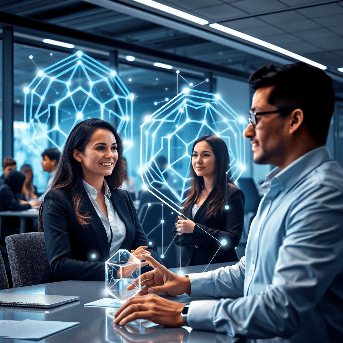 Futuristic office with professionals interacting near transparent AI holograms and glowing data streams, showcasing advanced AI technology in recru...