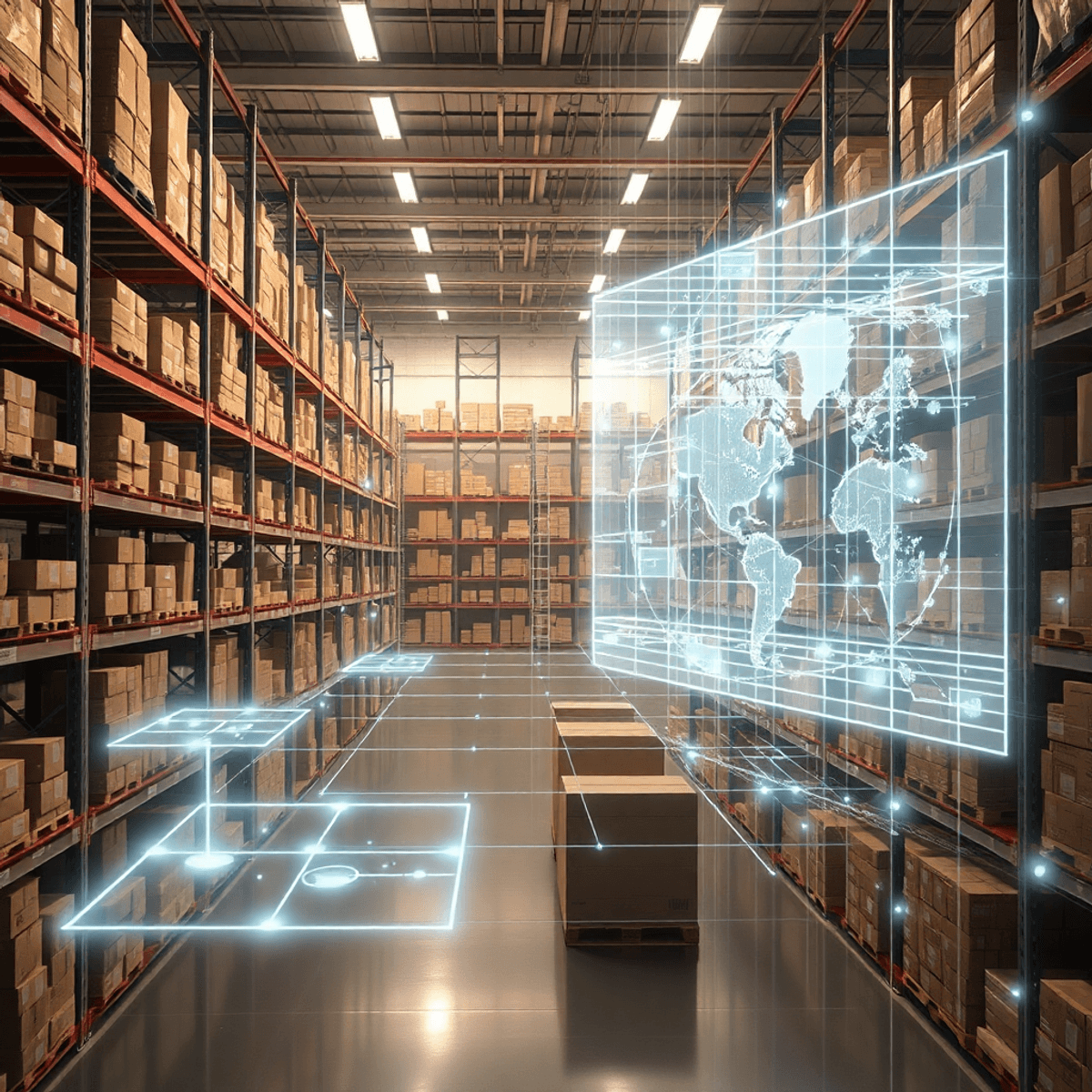 Futuristic warehouse interior with tall shelves, glowing holographic grids, digital twin layouts, and abstract light trails symbolizing data flow i...