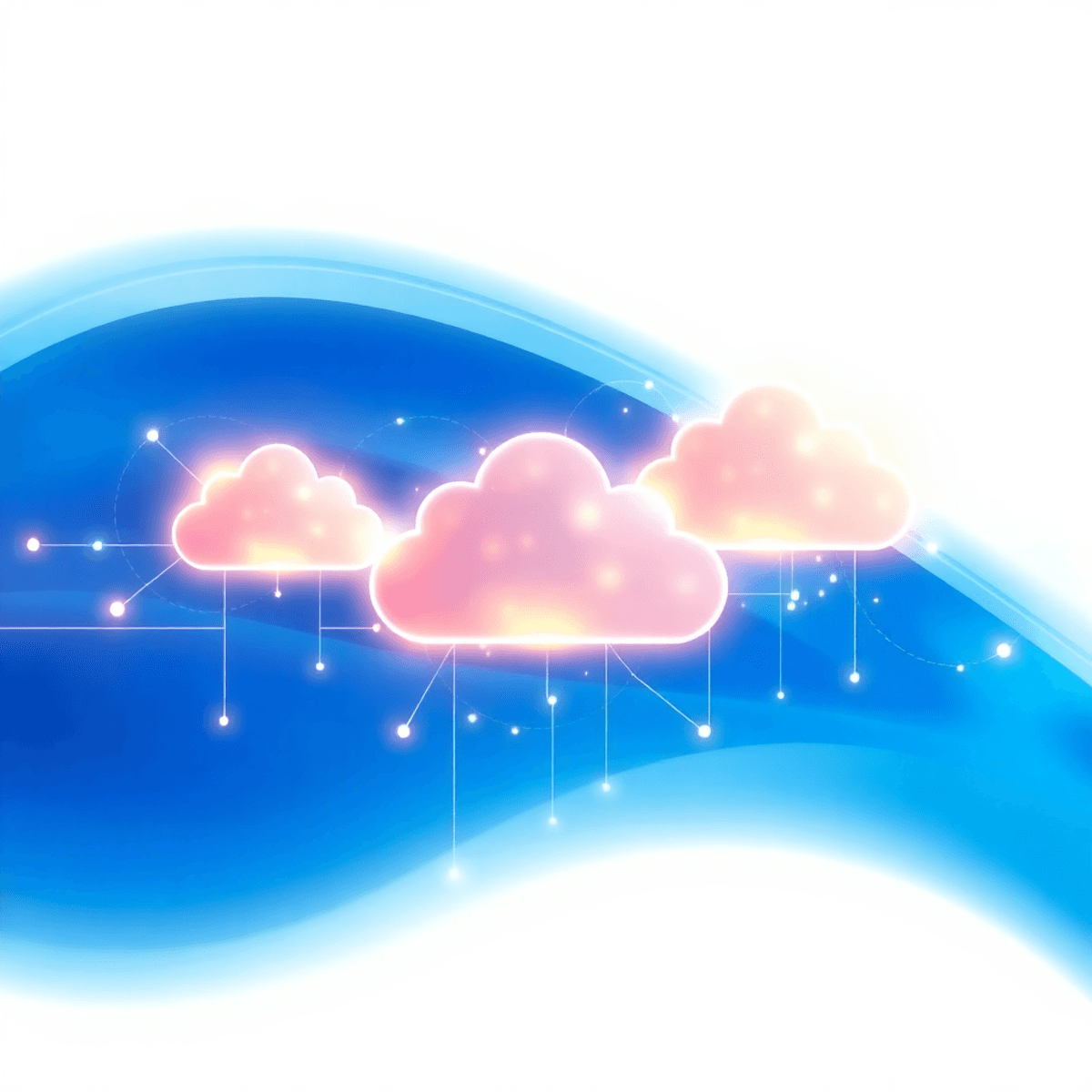 Glowing interconnected cloud shapes with flowing digital data streams on a sleek blue and white gradient background.
