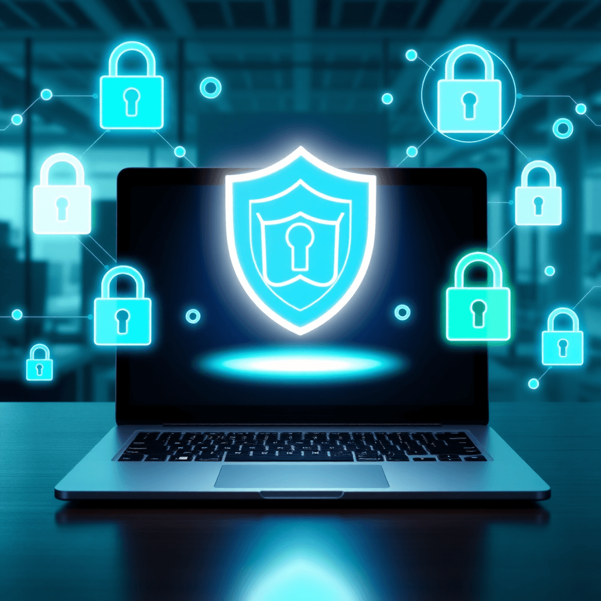 Laptop on a modern office desk with a glowing shield icon above the keyboard, surrounded by digital padlocks and network symbols in blue and green ...