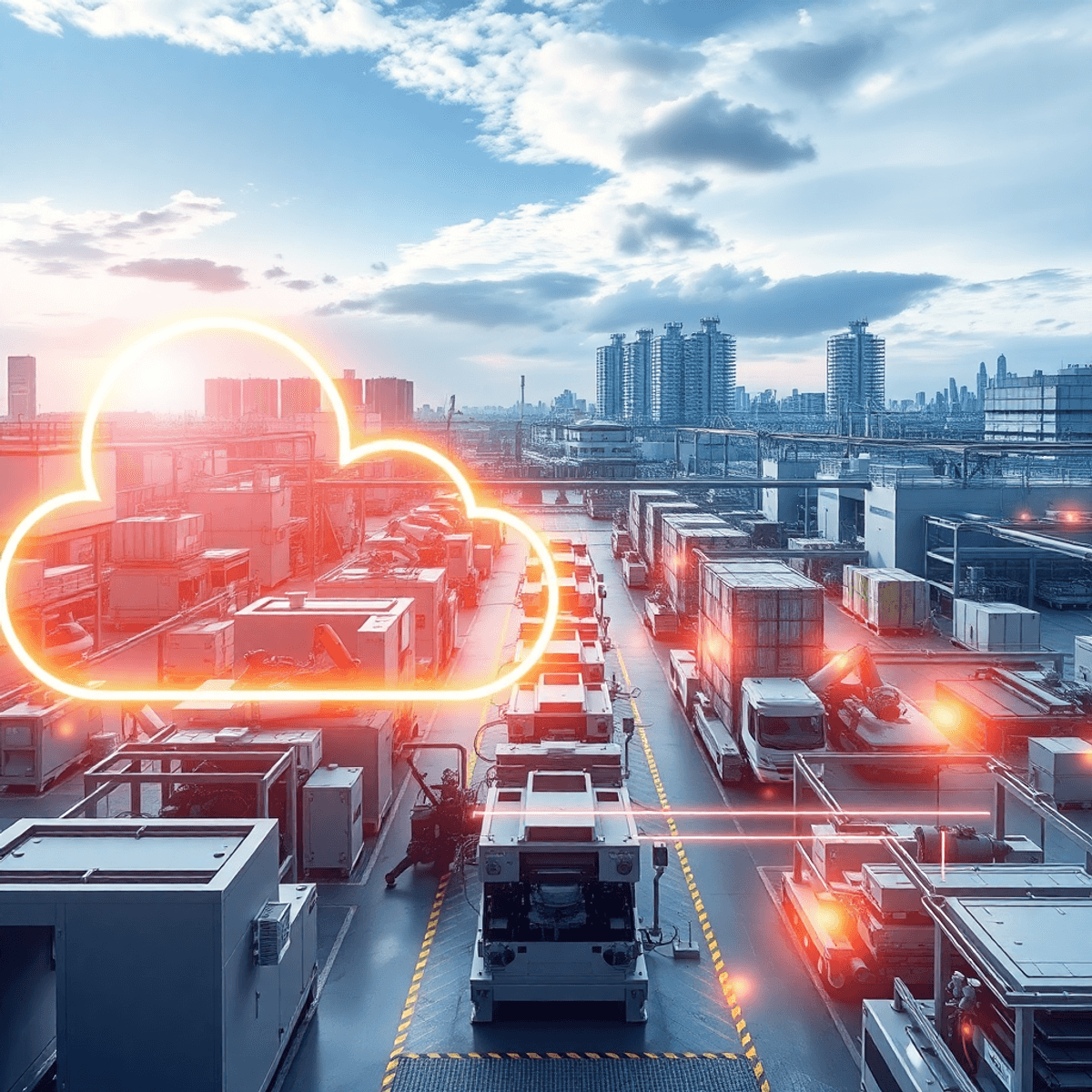 Modern factory floor with advanced machinery and robotic arms, glowing cloud shapes, and digital data streams symbolizing connectivity across multi...