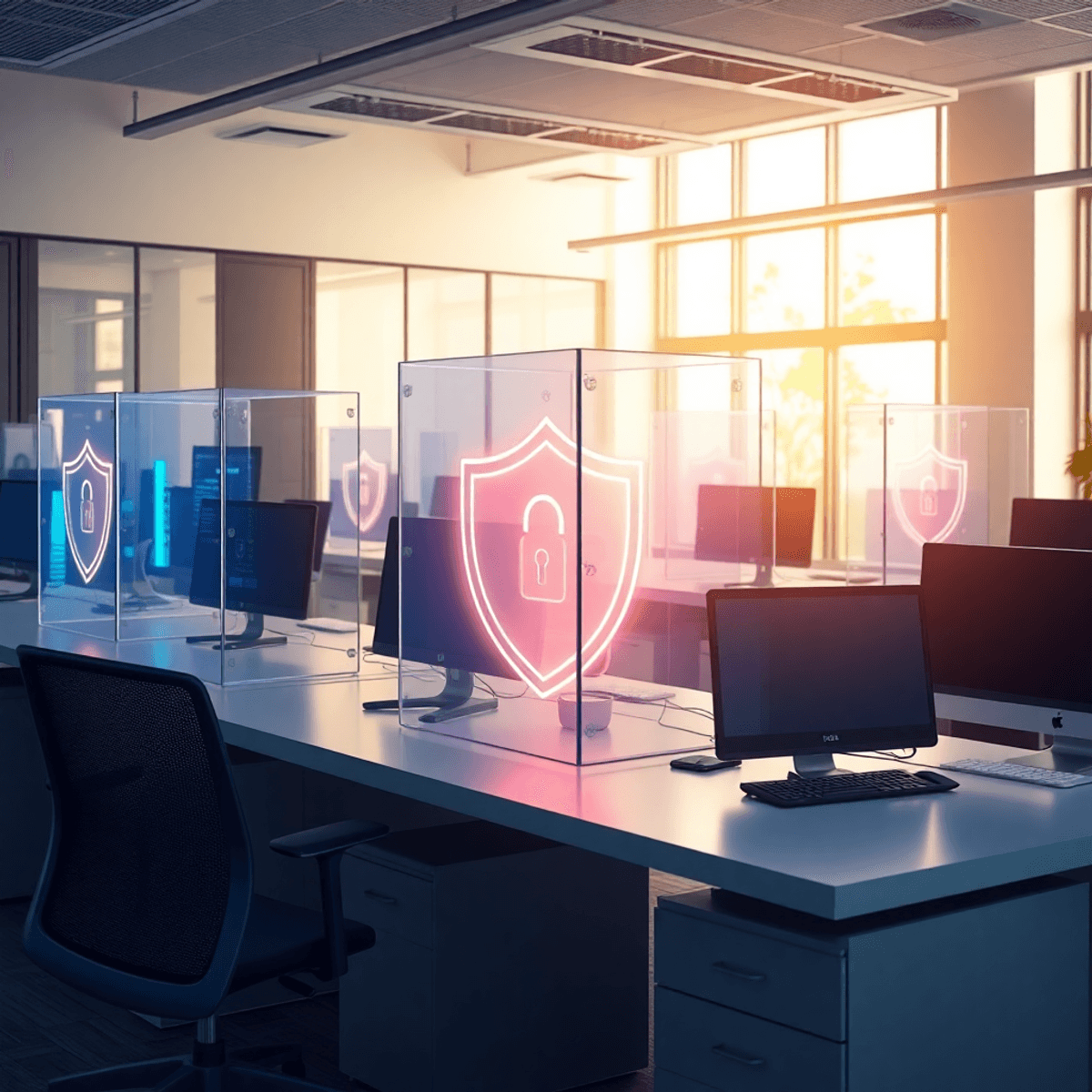 Modern office with sleek desks, computers in transparent cases, glowing security shields, and soft natural lighting emphasizing physical protection.