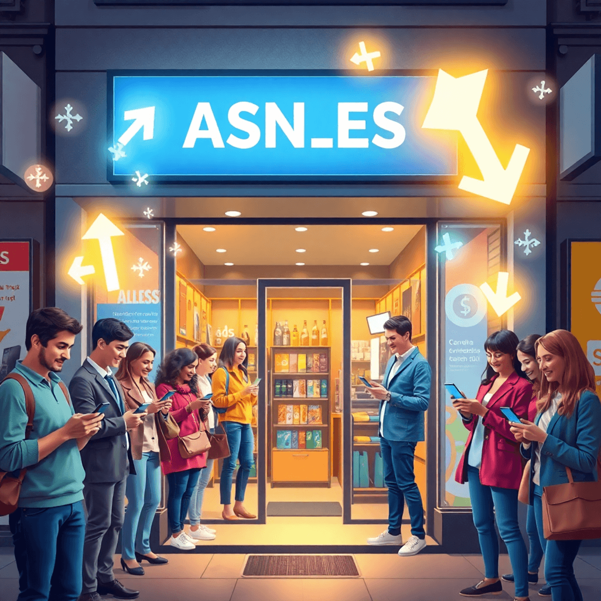 Modern small business storefront with happy customers using smartphones and contactless payments, digital icons and glowing arrows symbolizing cash...