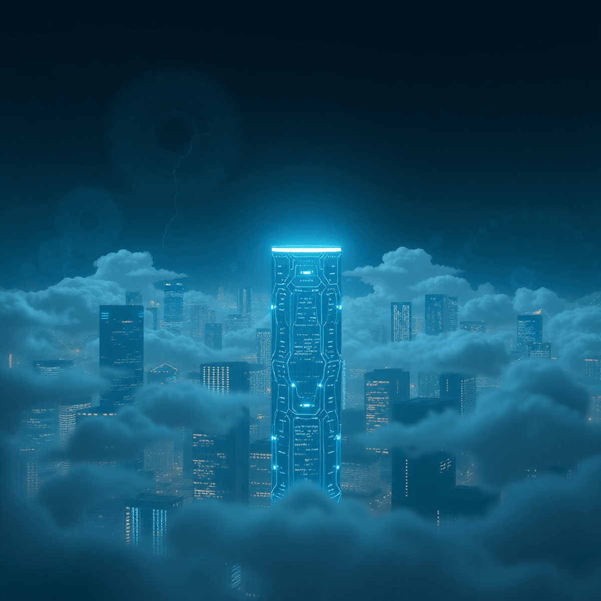 Nighttime cityscape with glowing futuristic server towers, soft blue and white lights, clouds shaped like gears and circuits symbolizing AI technol...