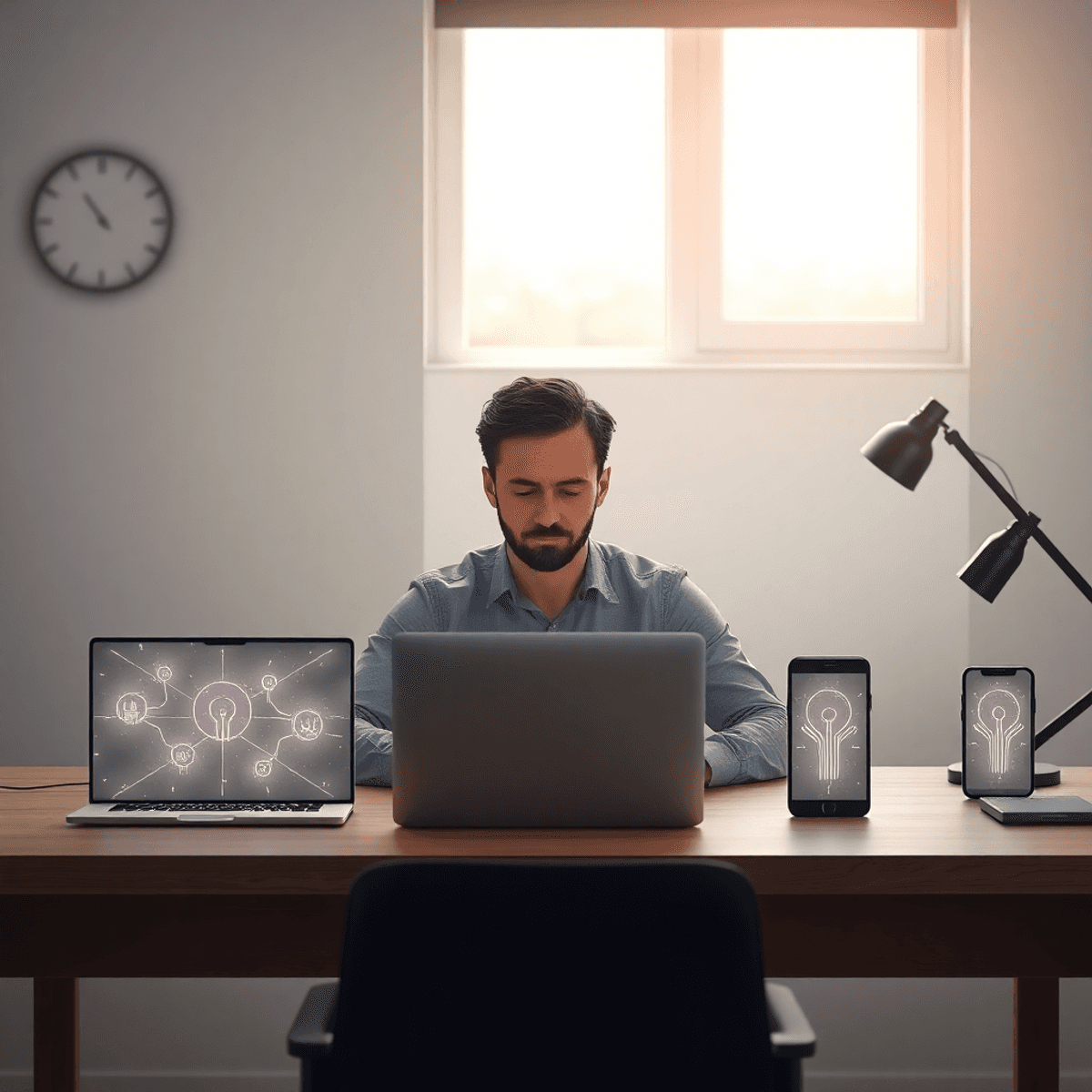 Person calmly working at a desk with laptop and smartphone showing fading connection symbols, a numberless clock, and sunlight streaming through a ...