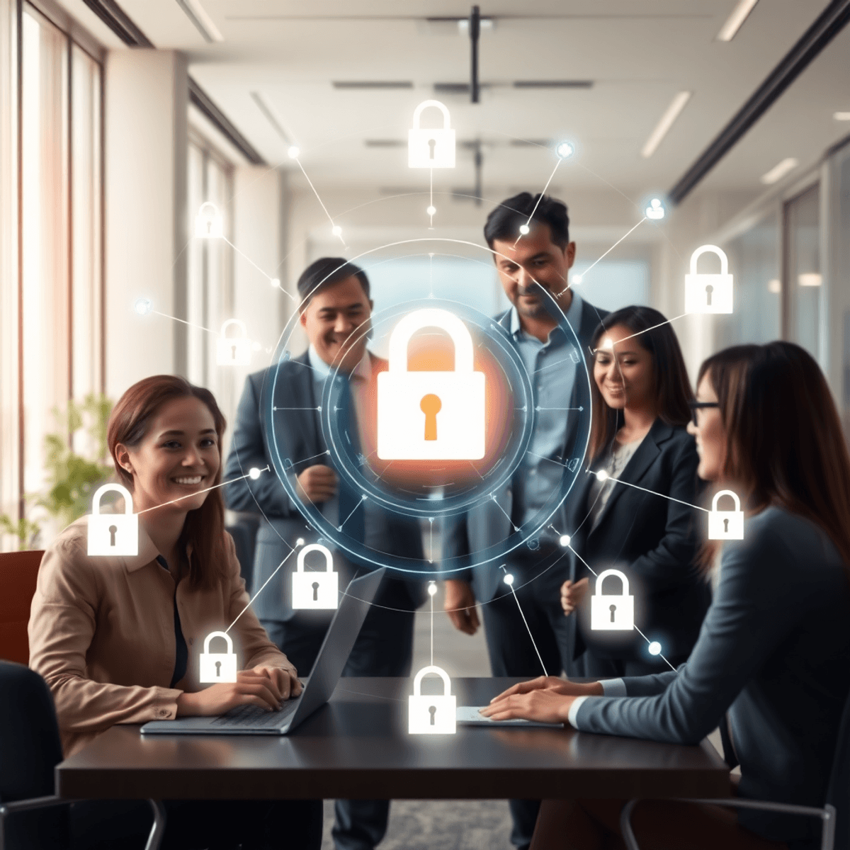 Professionals collaborating around a glowing key hologram with floating padlocks, symbolizing advanced password-free authentication and business se...