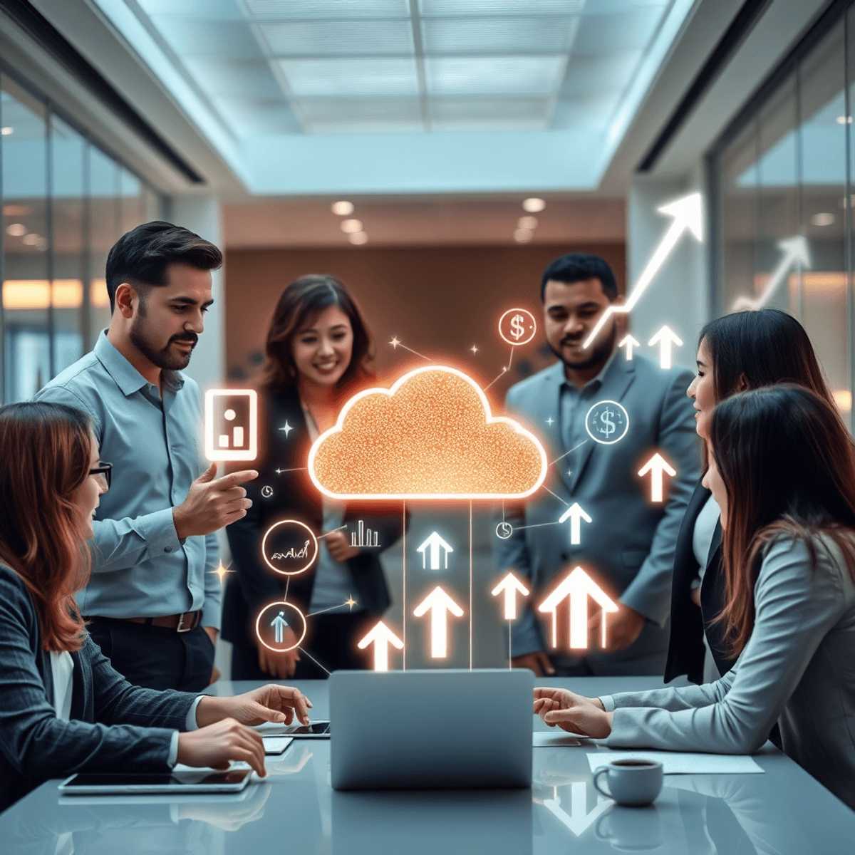Professionals collaborating around a large digital holographic cloud with glowing finance and analytics icons in a sleek modern office.